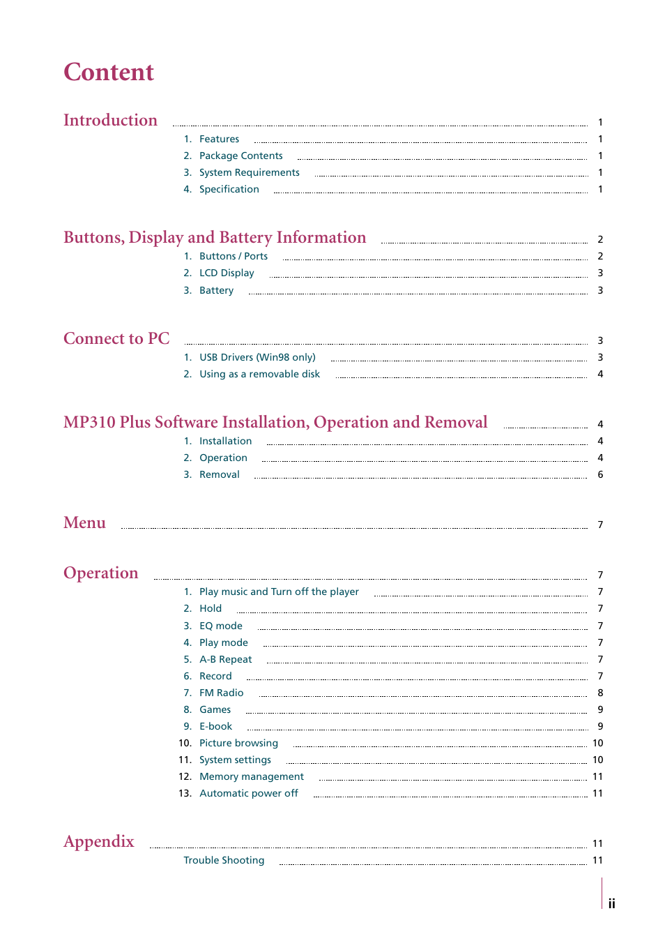 Content | Truly electronic Mftg MP310 User Manual | Page 3 / 15