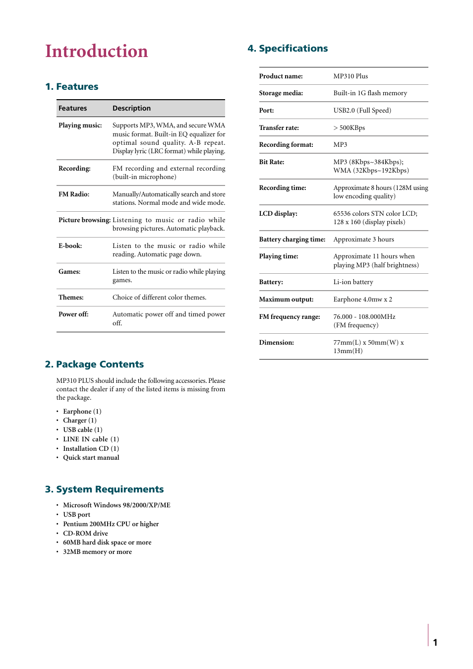 Introduction, Features, Package contents | System requirements, Specifications, Features 2. package contents, Specifications 3. system requirements | Truly electronic Mftg MP310 User Manual | Page 4 / 15