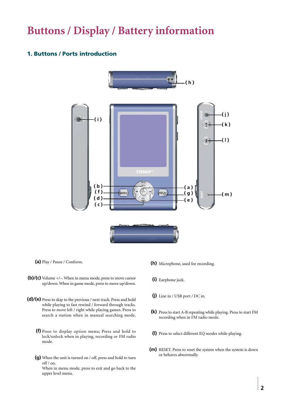 Buttons / display / battery information, Buttons / ports introduction | Truly electronic Mftg MP310 User Manual | Page 5 / 15