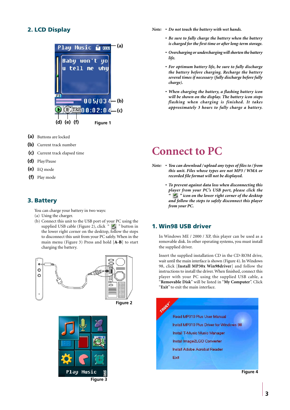 Lcd display, Battery, Connect to pc | Win98 usb driver | Truly electronic Mftg MP310 User Manual | Page 6 / 15