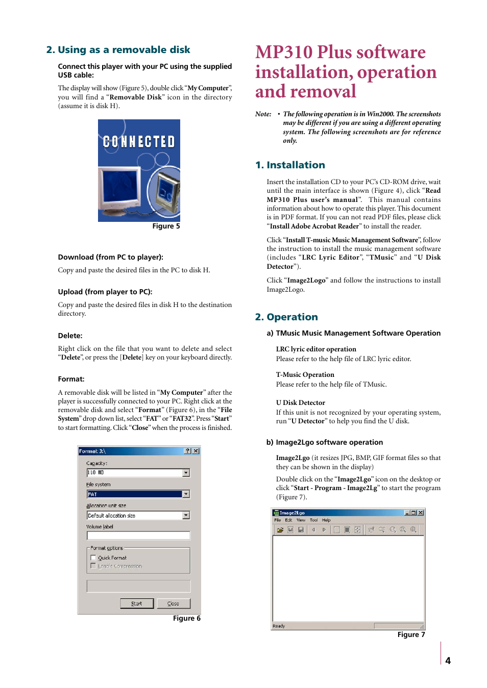 Using as a removable disk, Installation, Operation | Truly electronic Mftg MP310 User Manual | Page 7 / 15