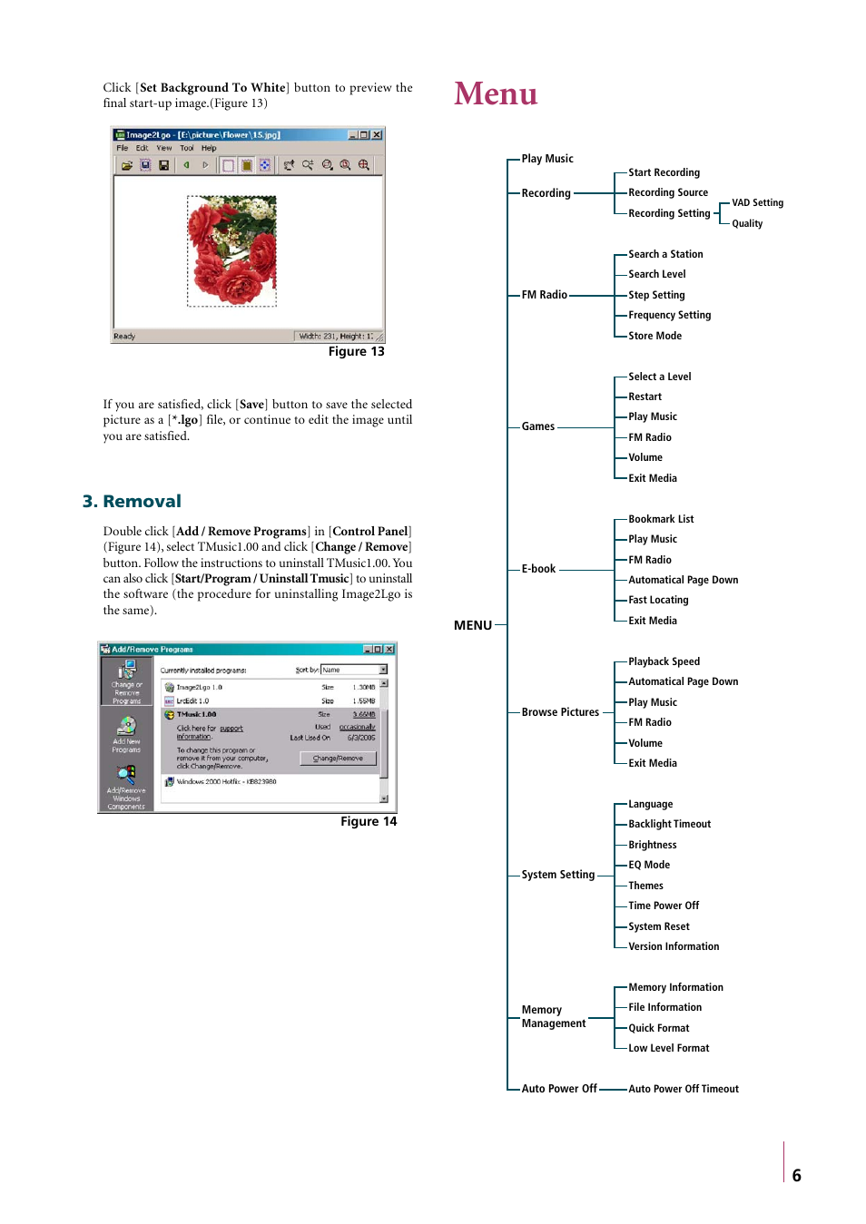 Removal, Menu | Truly electronic Mftg MP310 User Manual | Page 9 / 15