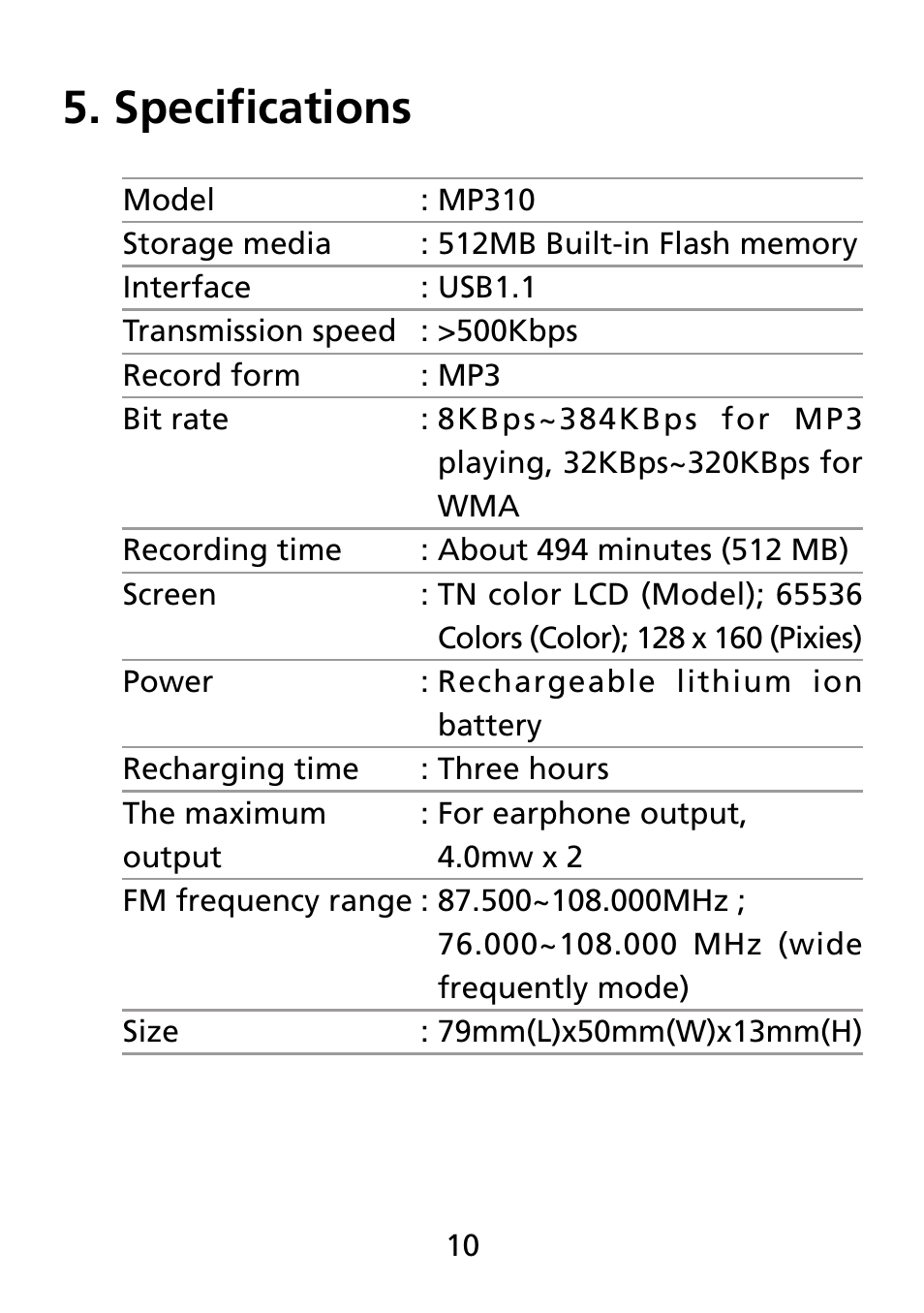 Specifications | Truly electronic Mftg Digital Photo & Audio Player User Manual | Page 10 / 74