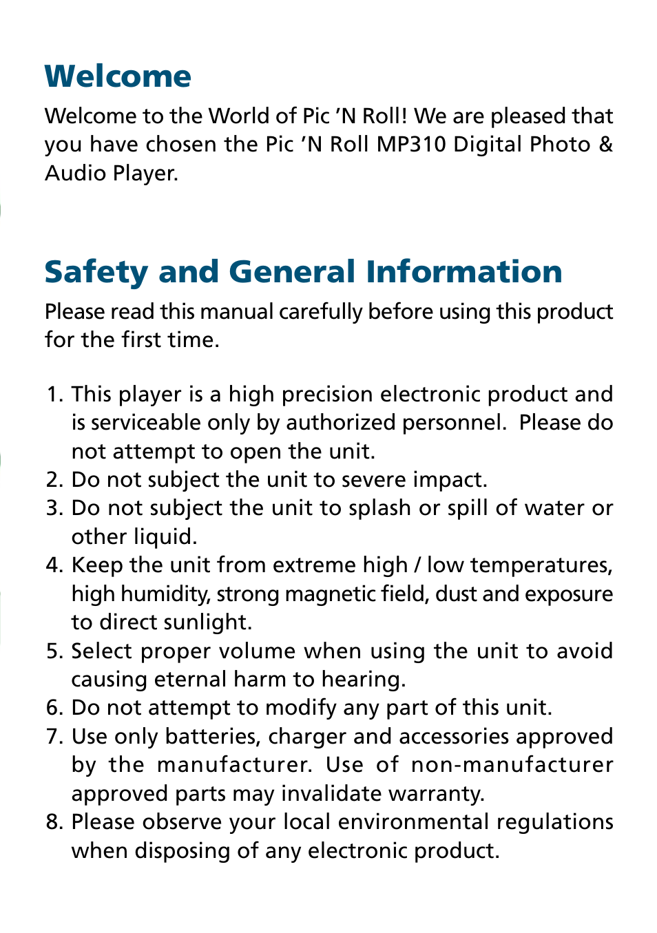 Welcome, Safety and general information | Truly electronic Mftg Digital Photo & Audio Player User Manual | Page 2 / 74