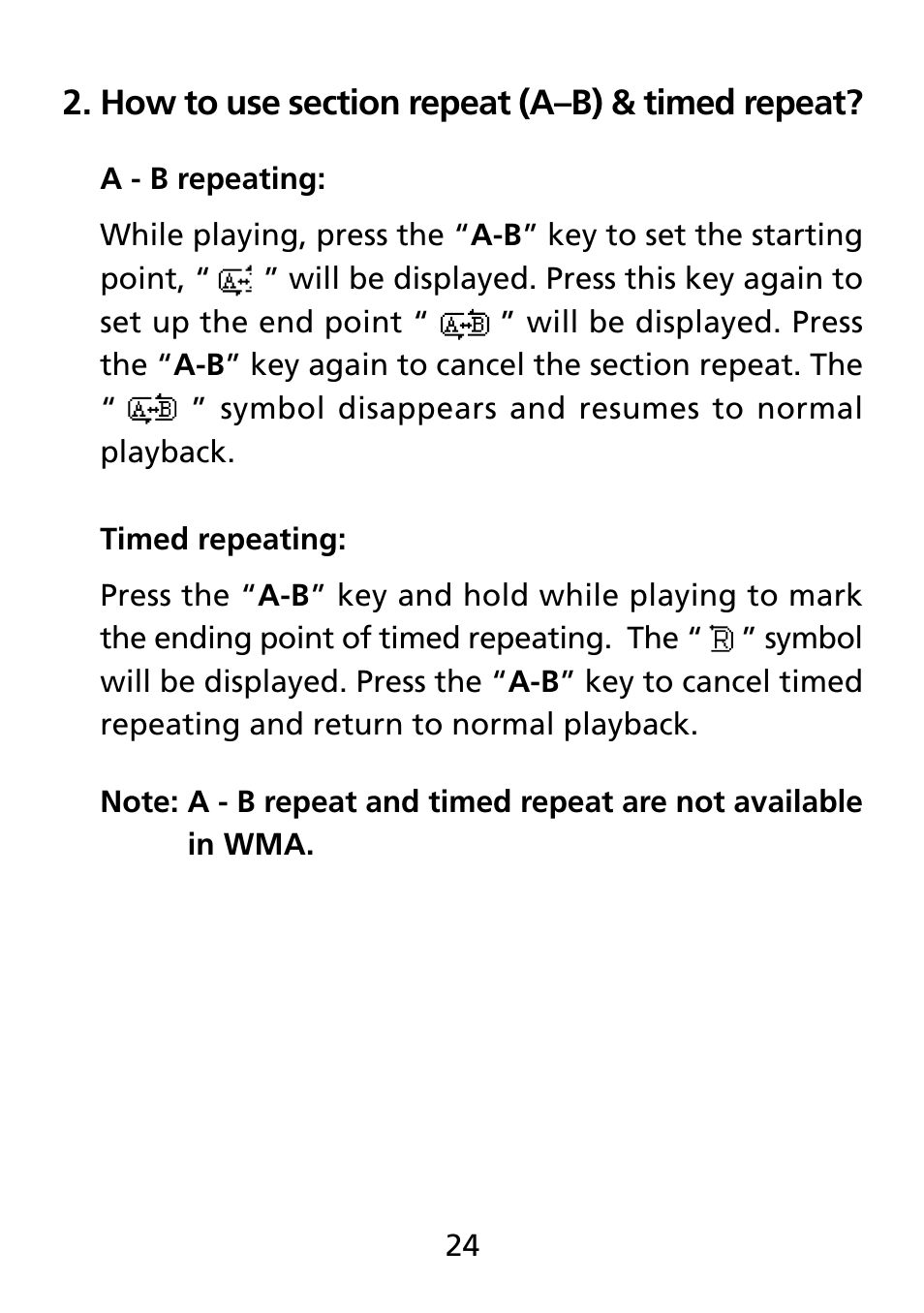 How to use section repeat (a-b) & timed repeat | Truly electronic Mftg Digital Photo & Audio Player User Manual | Page 24 / 74