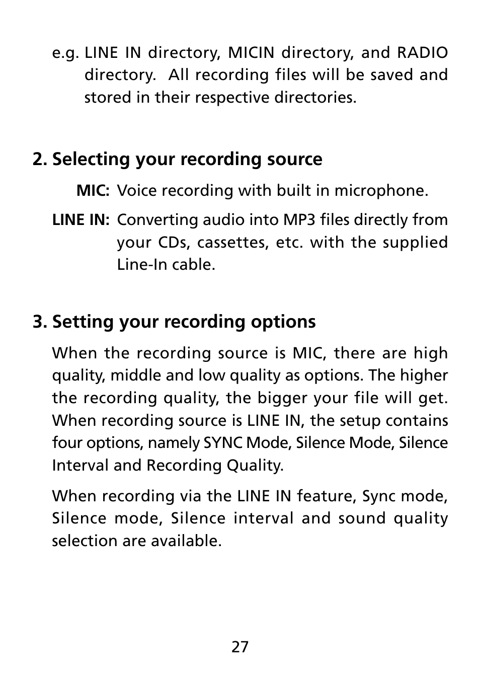 Selecting your recording source, Setting your recording options | Truly electronic Mftg Digital Photo & Audio Player User Manual | Page 27 / 74