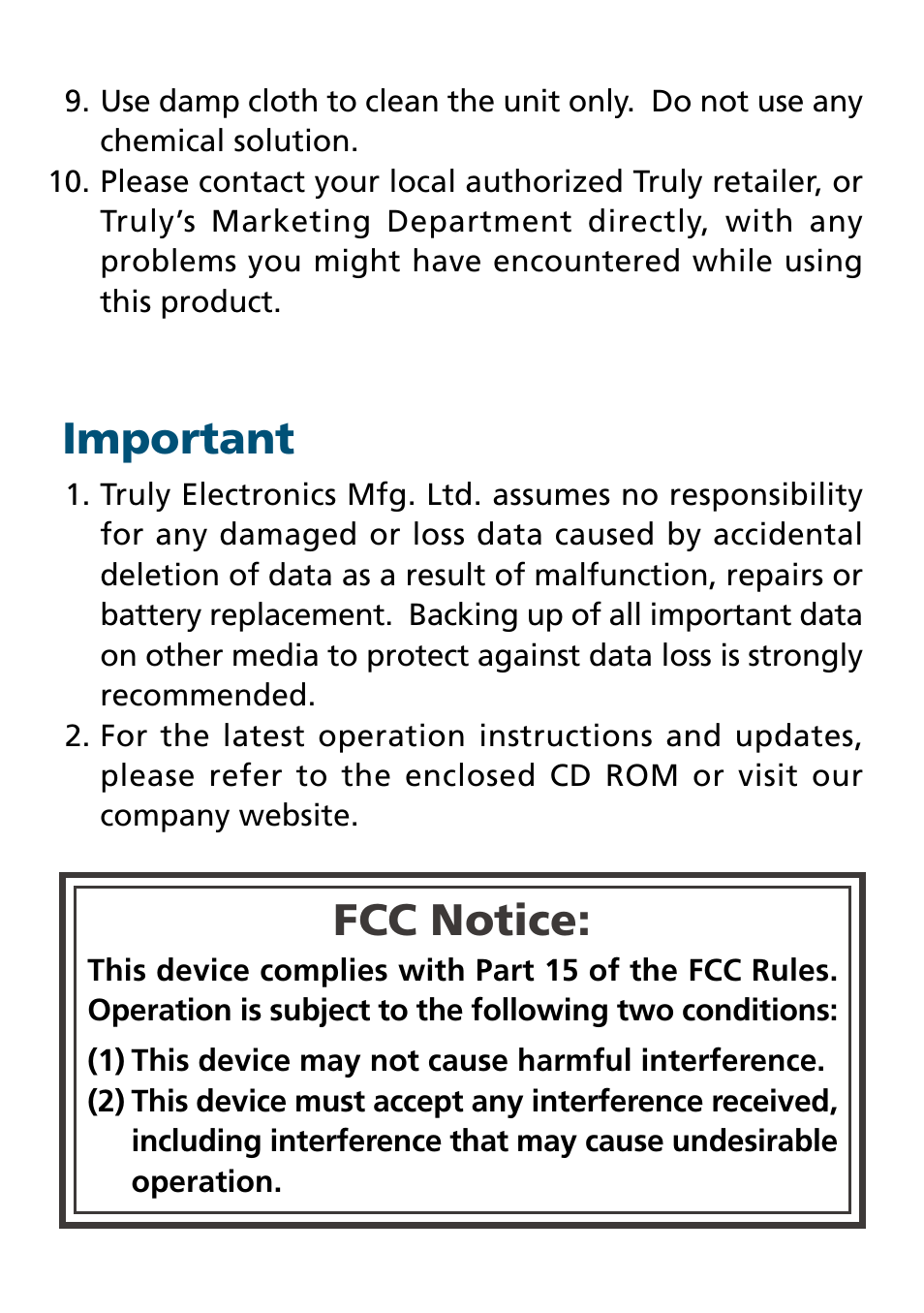 Important, Fcc notice | Truly electronic Mftg Digital Photo & Audio Player User Manual | Page 3 / 74
