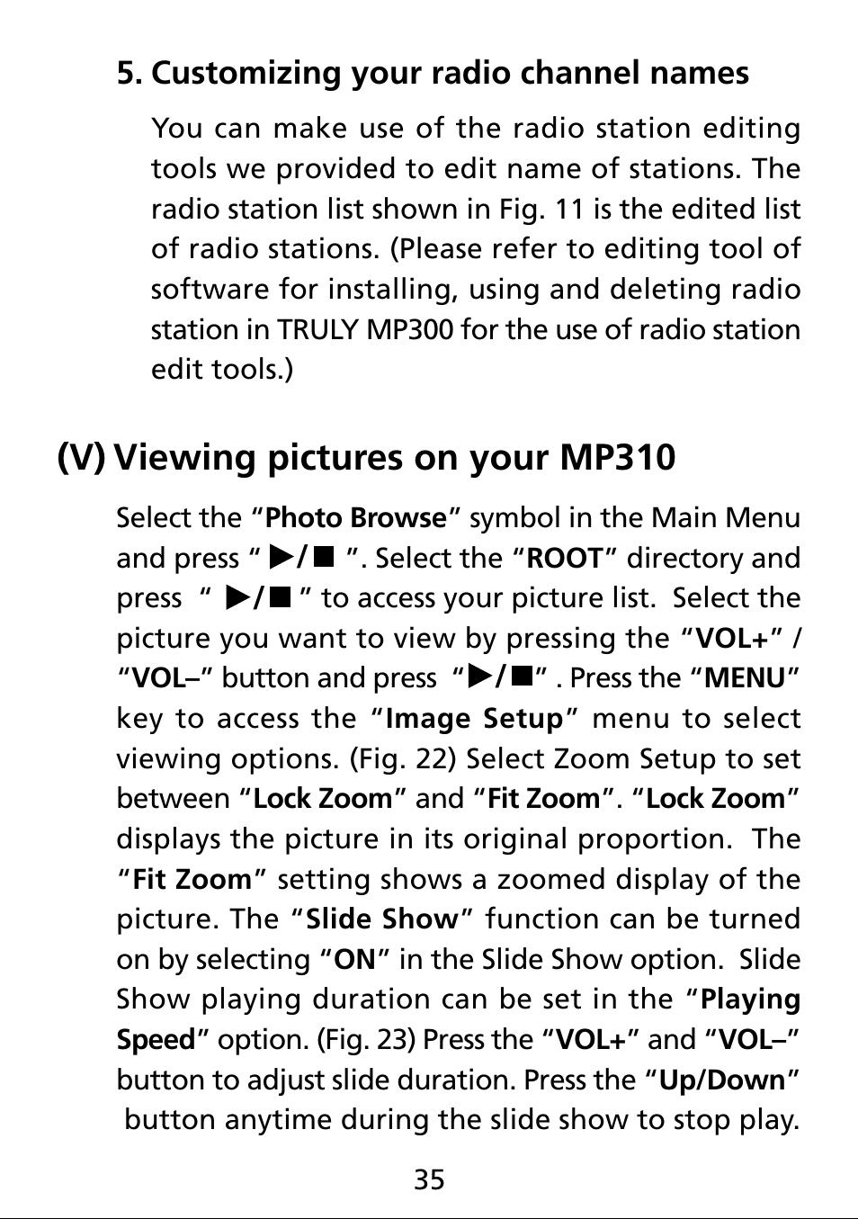 Customizing your radio channel names, V) viewing pictures on your mp310, Viewing pictures on your mp310 (v) | Truly electronic Mftg Digital Photo & Audio Player User Manual | Page 35 / 74
