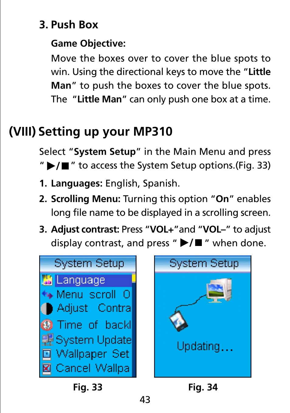 Push box, Viii) setting up your mp310, Languages | Scrolling menu, Adjust contrast, Setting up your mp310 (viii) | Truly electronic Mftg Digital Photo & Audio Player User Manual | Page 43 / 74