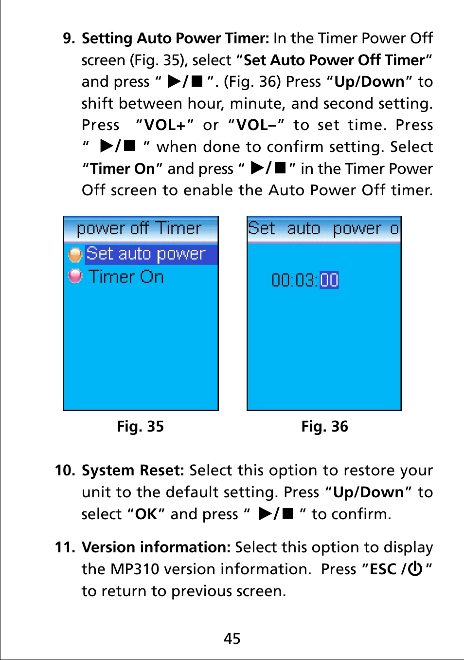 Setting auto power timer, System reset, Version information | Truly electronic Mftg Digital Photo & Audio Player User Manual | Page 45 / 74