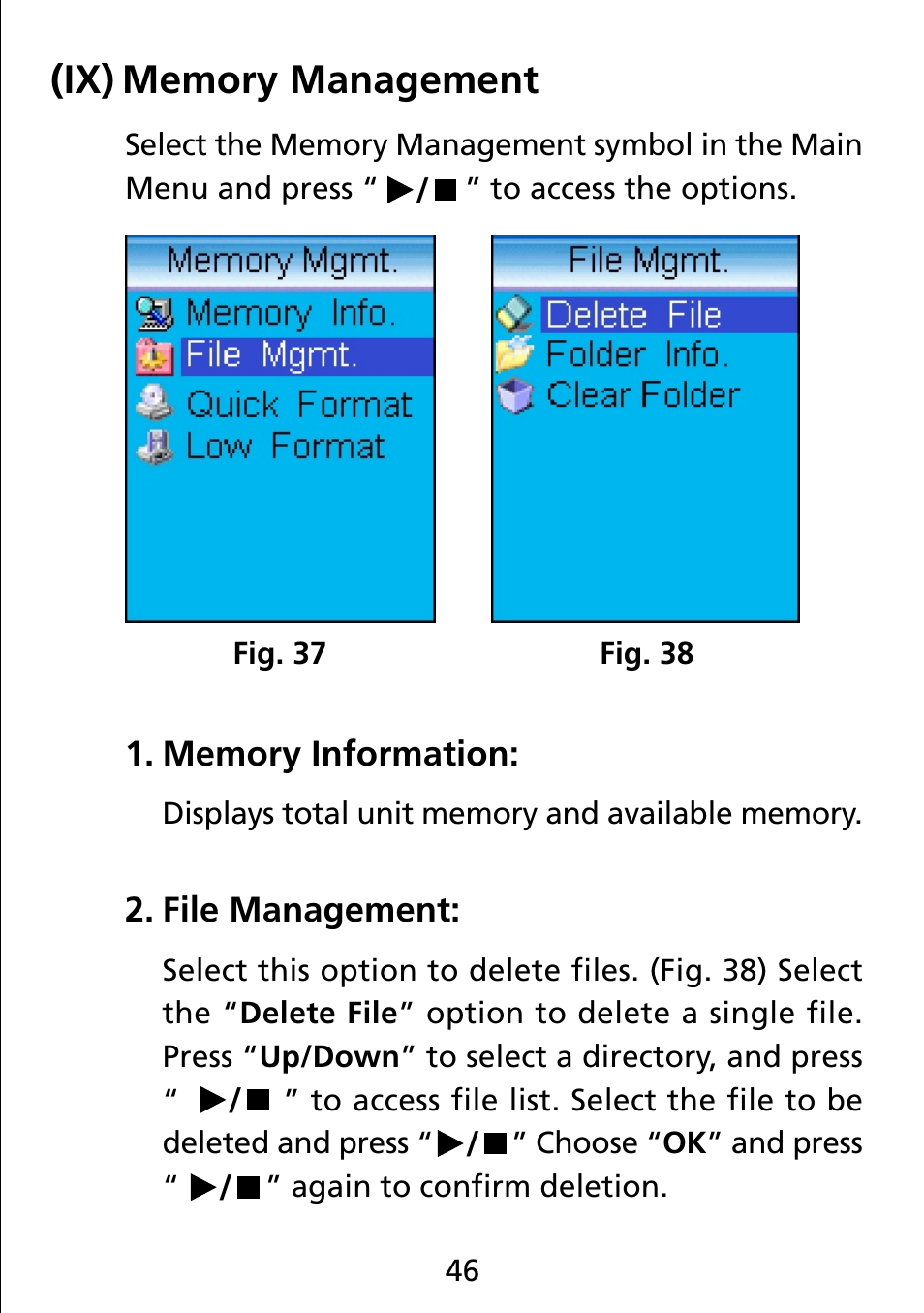 Ix) memory management, Memory information, File management | Truly electronic Mftg Digital Photo & Audio Player User Manual | Page 46 / 74
