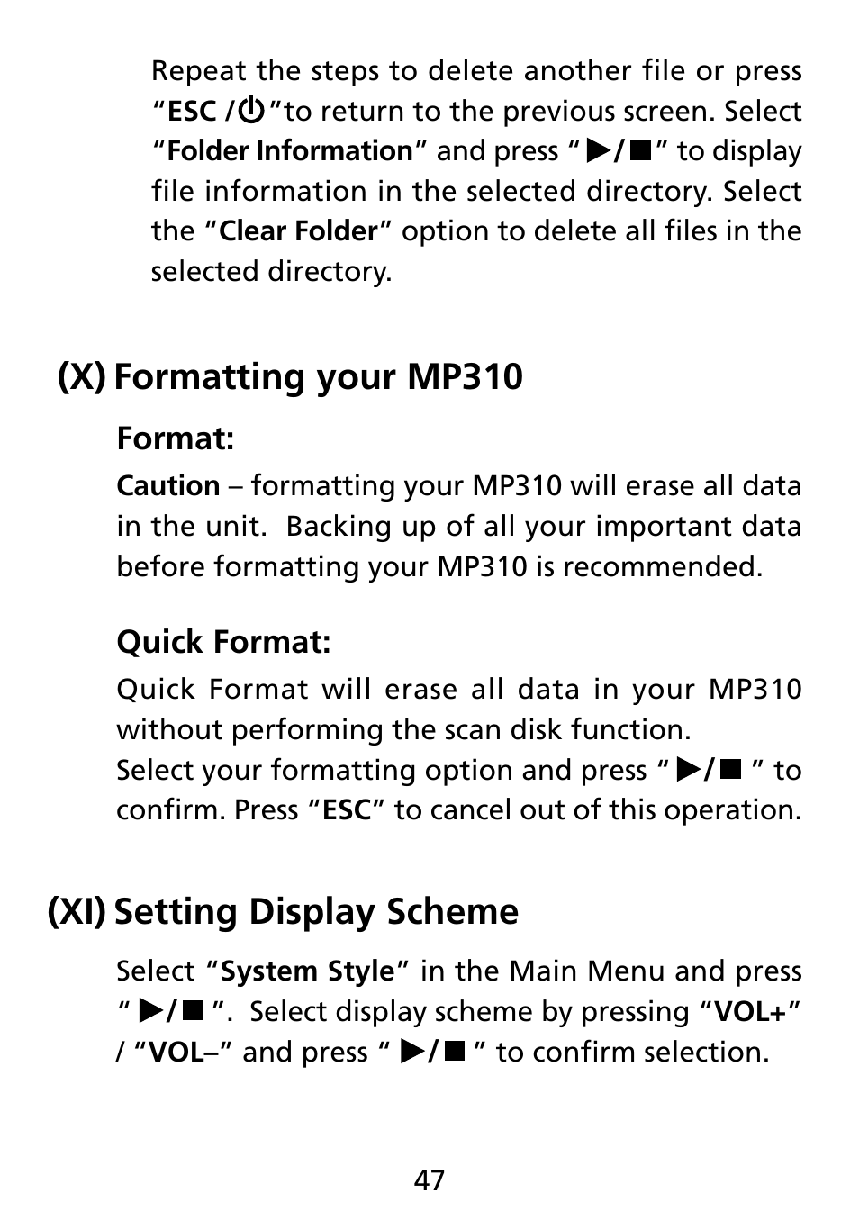 X) formatting your mp310, Xi) setting display scheme, Formatting your mp310 (x) | Setting display scheme (xi) | Truly electronic Mftg Digital Photo & Audio Player User Manual | Page 47 / 74