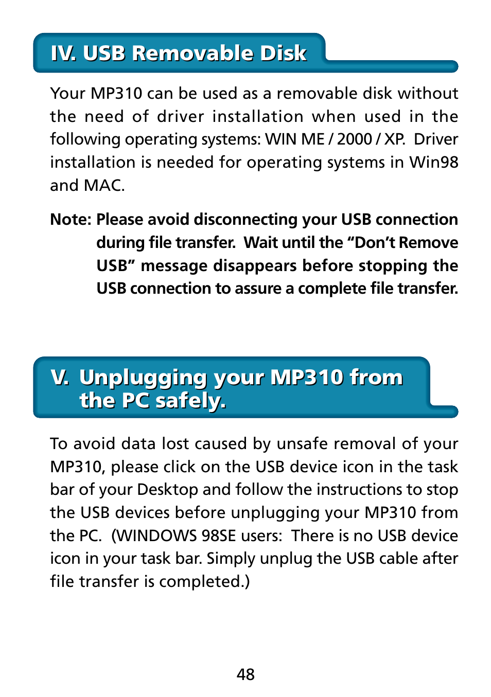 Iv. usb removable disk, V. unplugging your mp310 from the pc safely | Truly electronic Mftg Digital Photo & Audio Player User Manual | Page 48 / 74