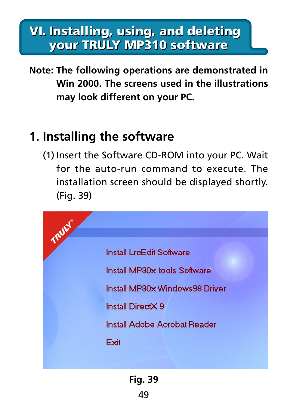 Installing the software | Truly electronic Mftg Digital Photo & Audio Player User Manual | Page 49 / 74