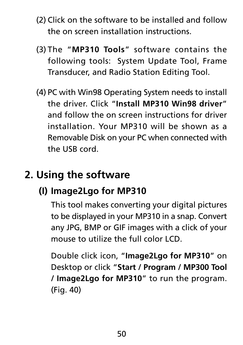 Using the software, I) image2lgo for mp310 | Truly electronic Mftg Digital Photo & Audio Player User Manual | Page 50 / 74