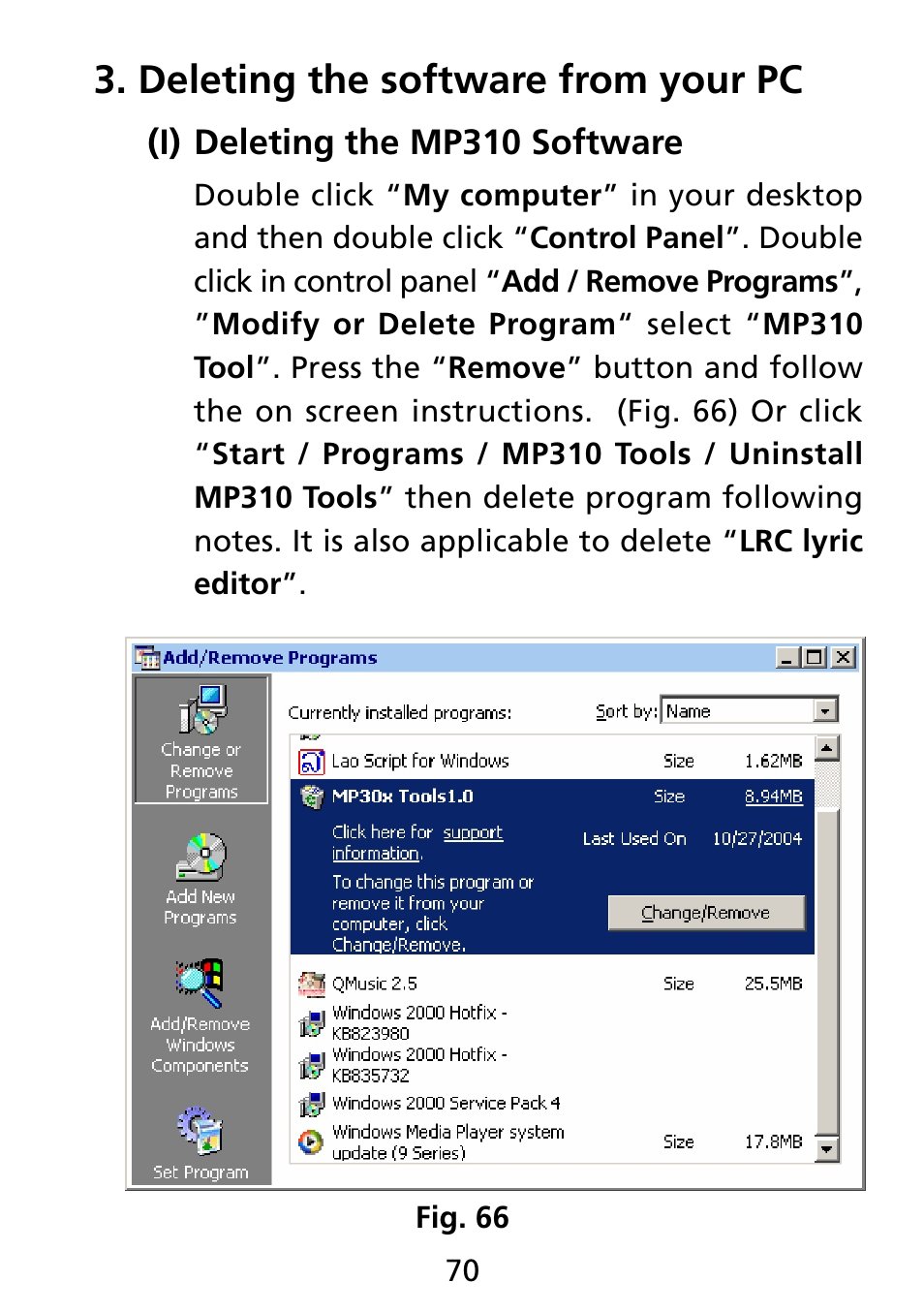 Deleting the software from your pc | Truly electronic Mftg Digital Photo & Audio Player User Manual | Page 70 / 74