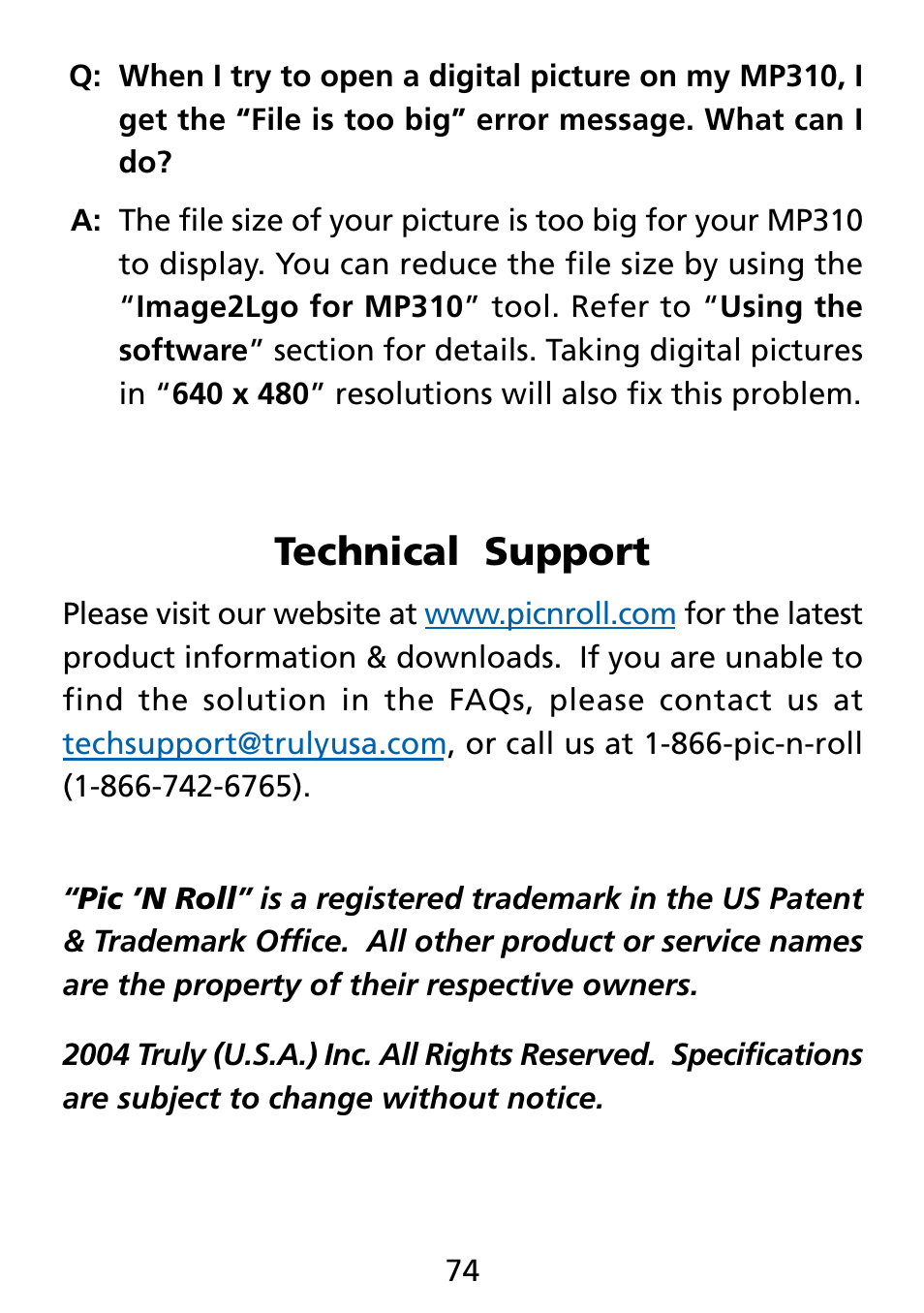 Technical support | Truly electronic Mftg Digital Photo & Audio Player User Manual | Page 74 / 74
