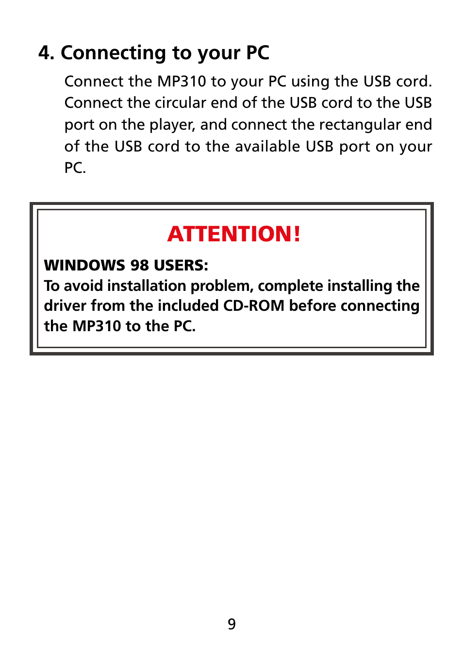 Connecting to your pc, Attention | Truly electronic Mftg Digital Photo & Audio Player User Manual | Page 9 / 74