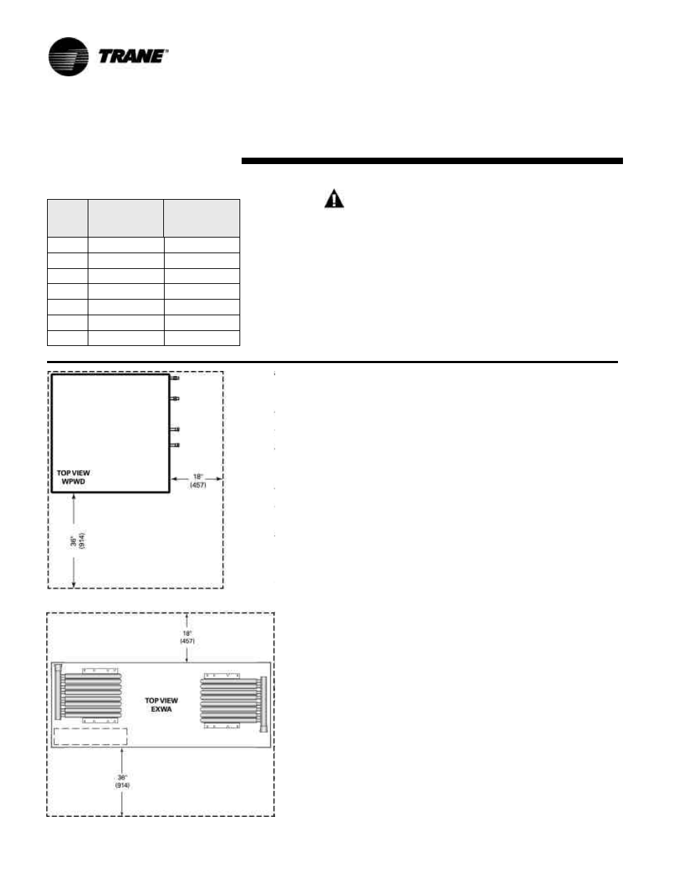 Dimensions/weights/ clearance, Warning improper unit lift | Trane WPWD User Manual | Page 6 / 31