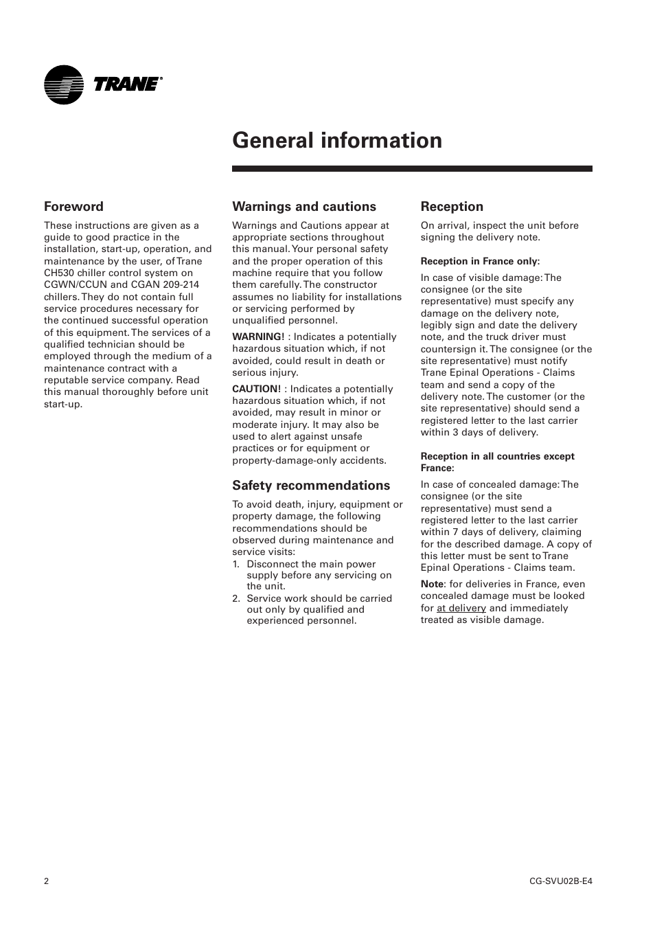 General information | Trane CGWN 205-211 User Manual | Page 2 / 36