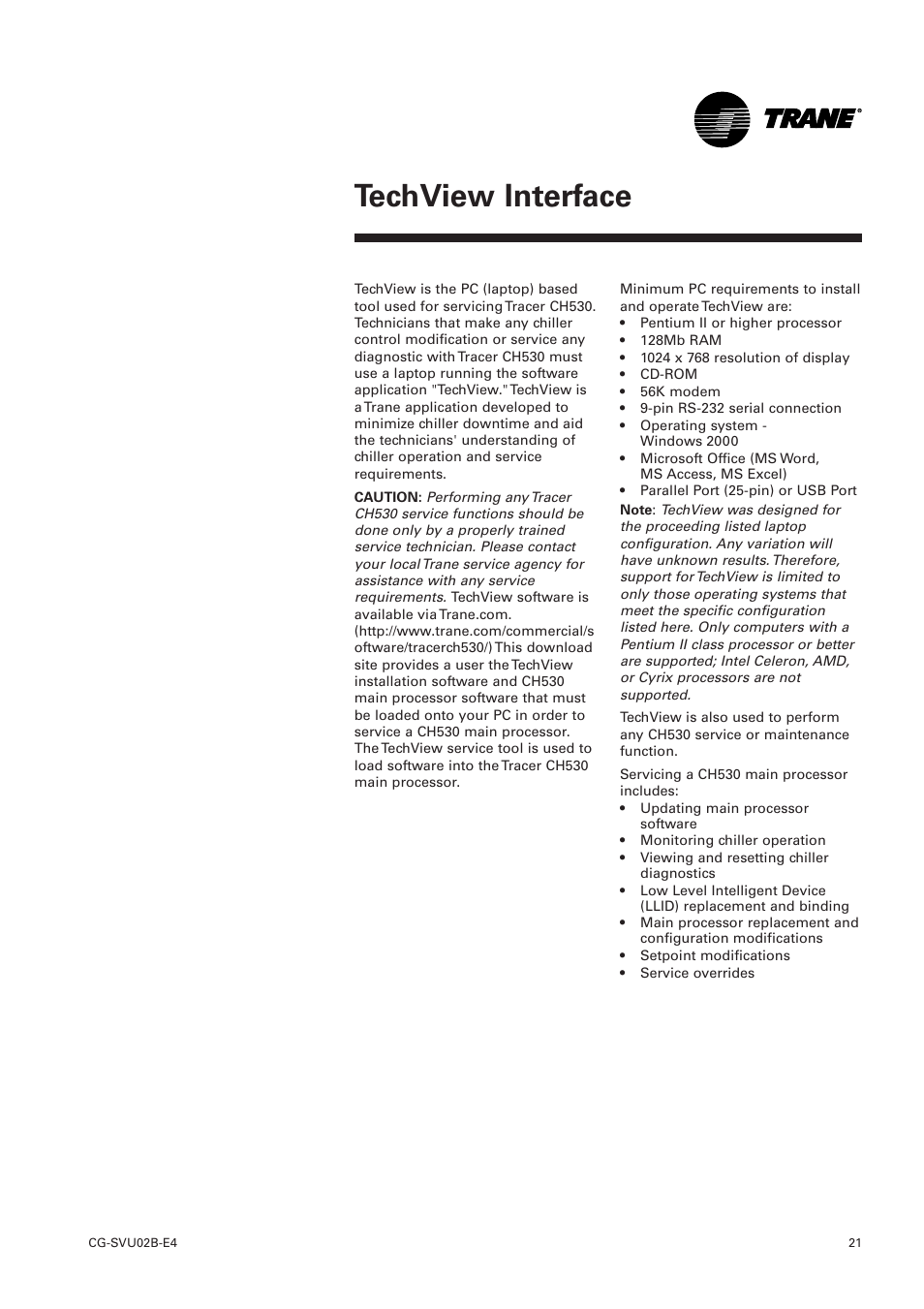 Techview interface | Trane CGWN 205-211 User Manual | Page 21 / 36