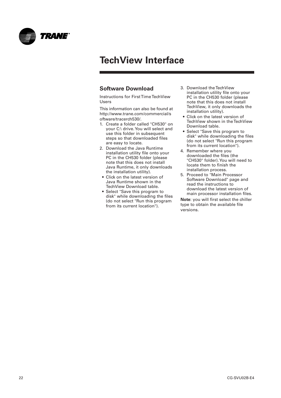 Diagnostics, Techview interface, Software download | Trane CGWN 205-211 User Manual | Page 22 / 36