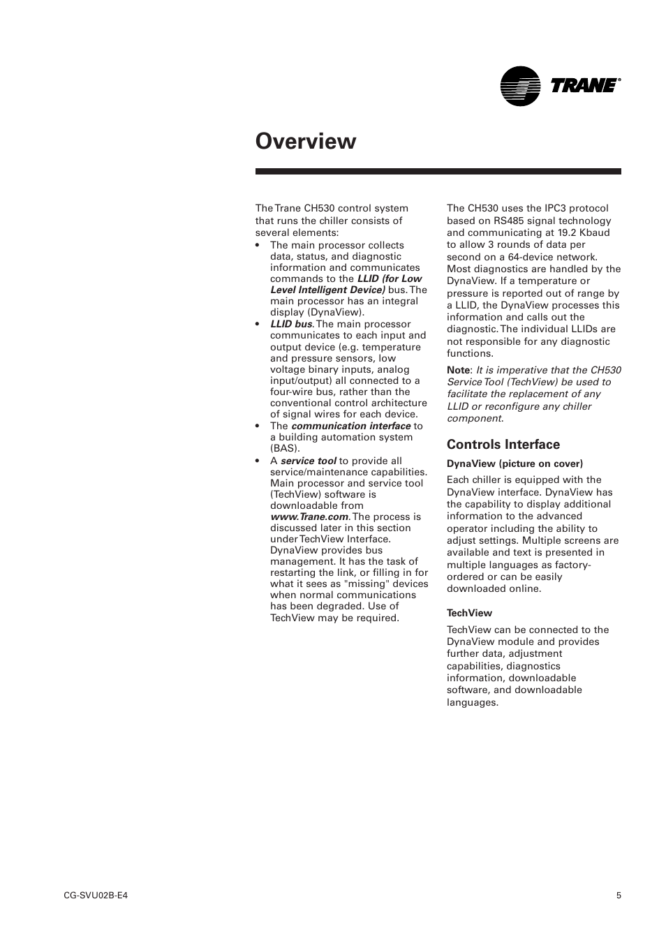 Overview, Controls interface | Trane CGWN 205-211 User Manual | Page 5 / 36