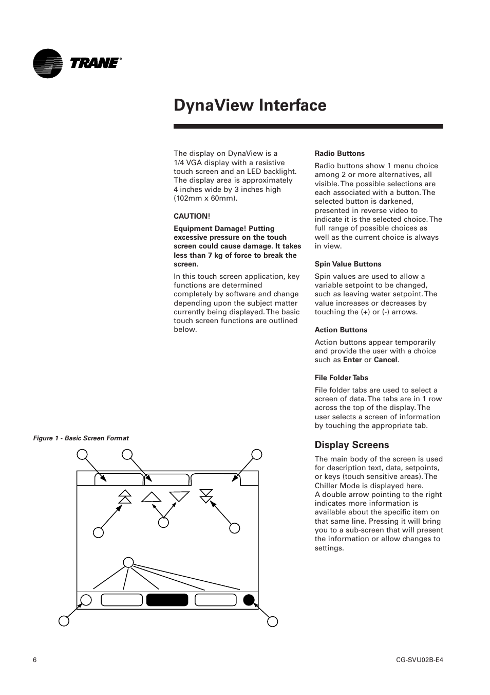 Dynaview interface, Display screens | Trane CGWN 205-211 User Manual | Page 6 / 36