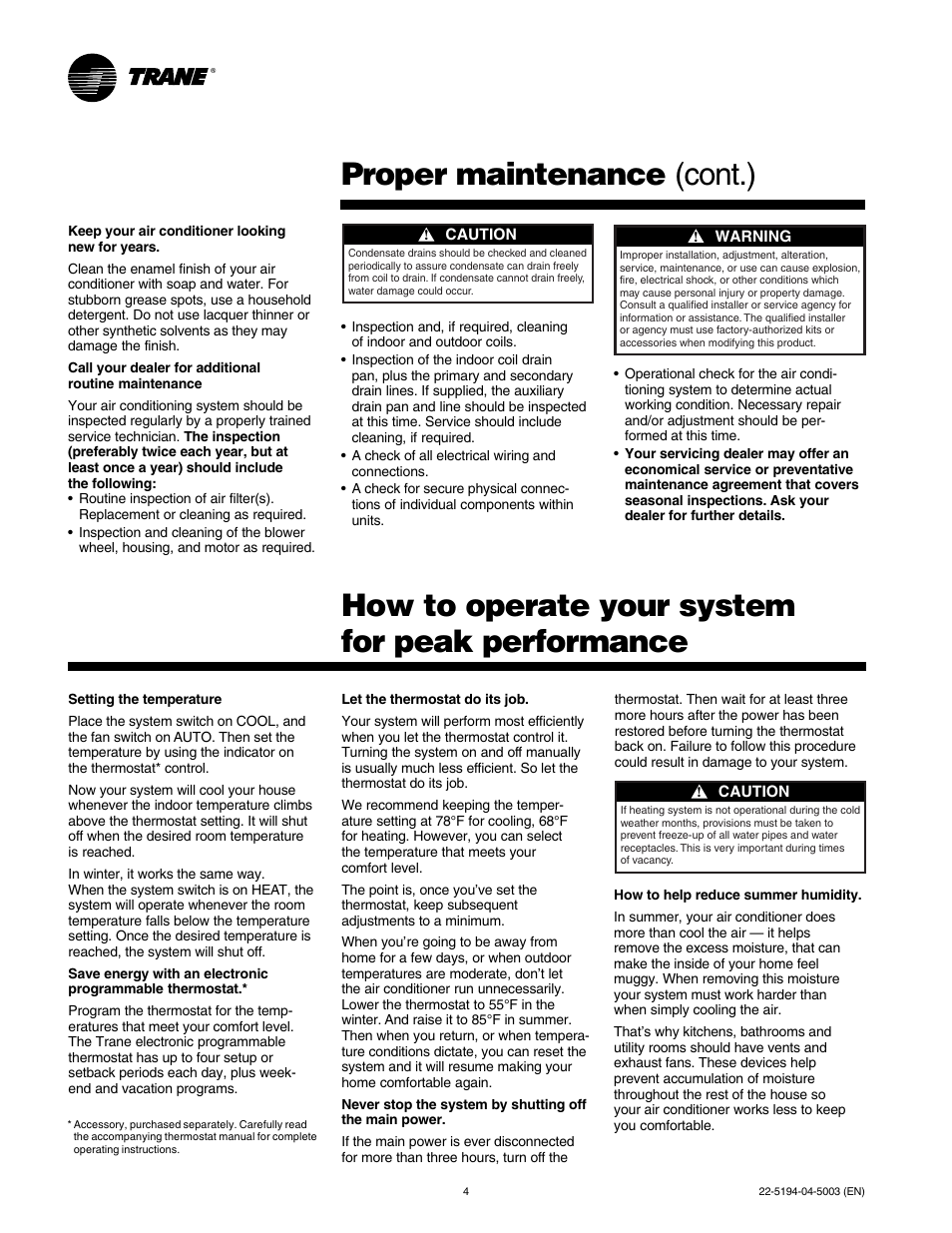 Peak performance, Proper maintenance (cont.), How to operate your system for peak performance | Trane 4TTX4 User Manual | Page 4 / 6