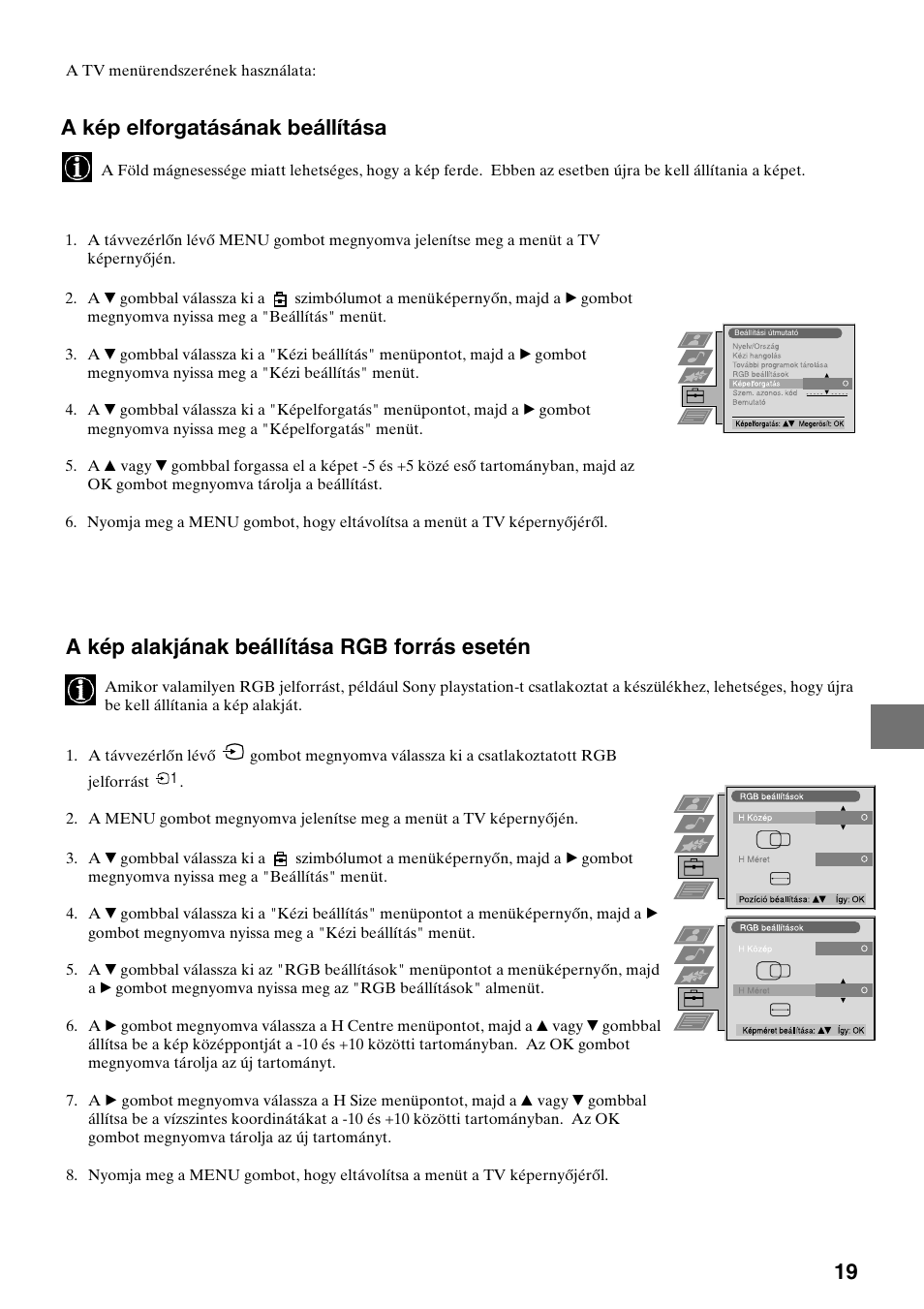 A kép alakjának beállítása rgb forrás esetén, A kép elforgatásának beállítása | Sony KV-29FQ75K User Manual | Page 101 / 160