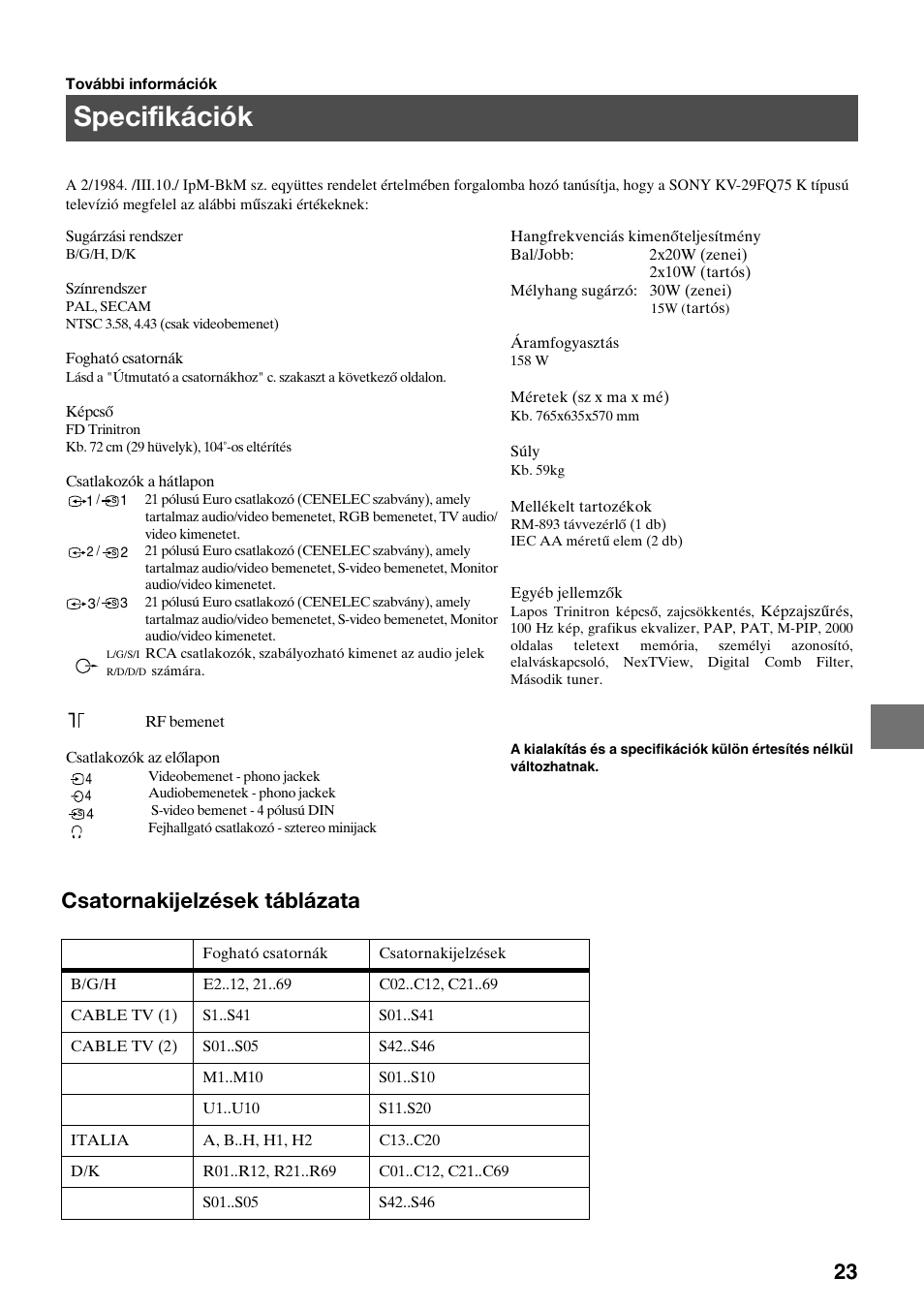 Specifikációk, Csatornakijelzések táblázata | Sony KV-29FQ75K User Manual | Page 105 / 160