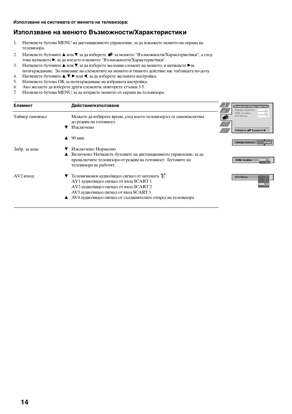 Използване на менюто възможности/характеристики | Sony KV-29FQ75K User Manual | Page 122 / 160