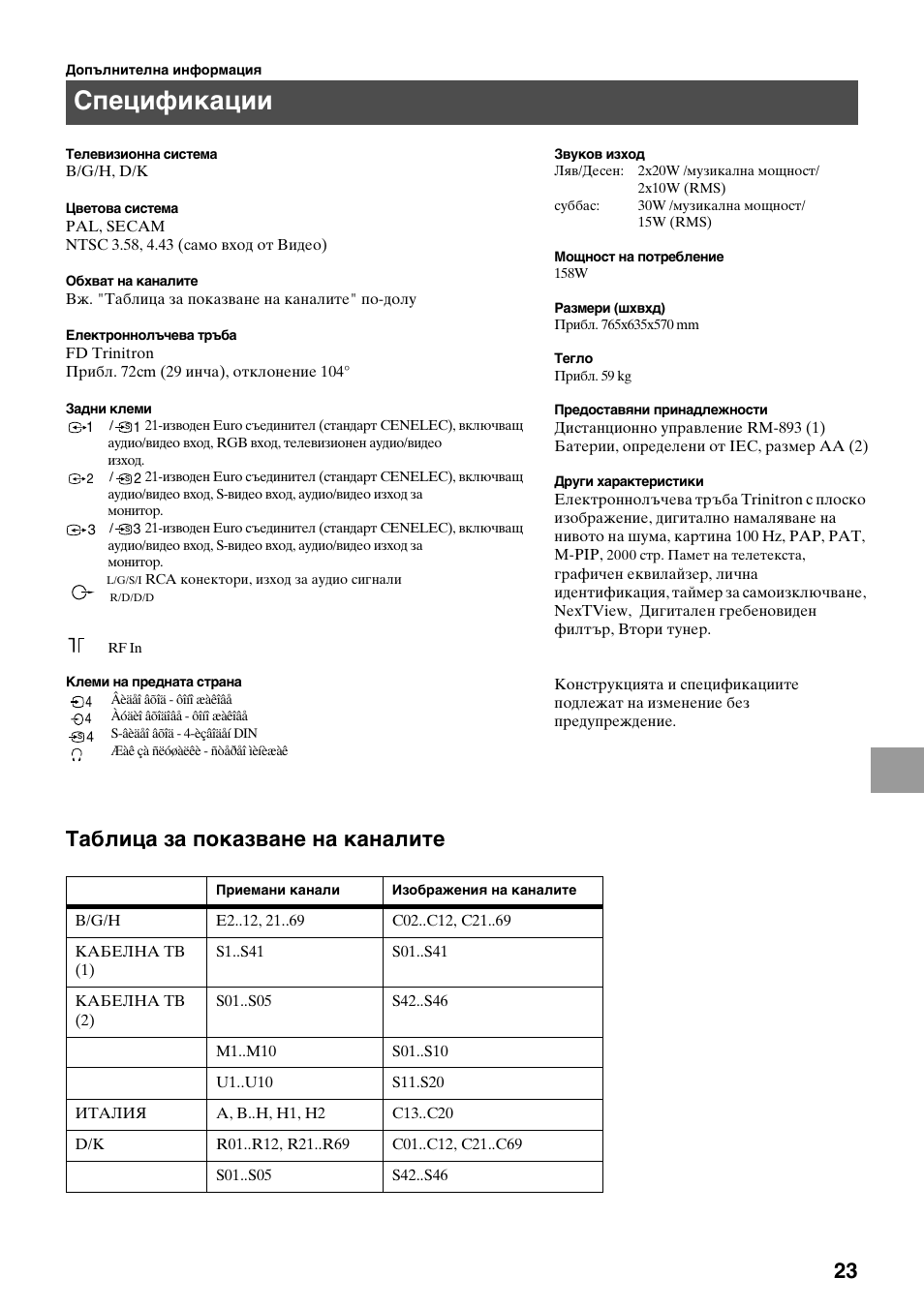Спецификации, Таблица за показване на каналите | Sony KV-29FQ75K User Manual | Page 131 / 160