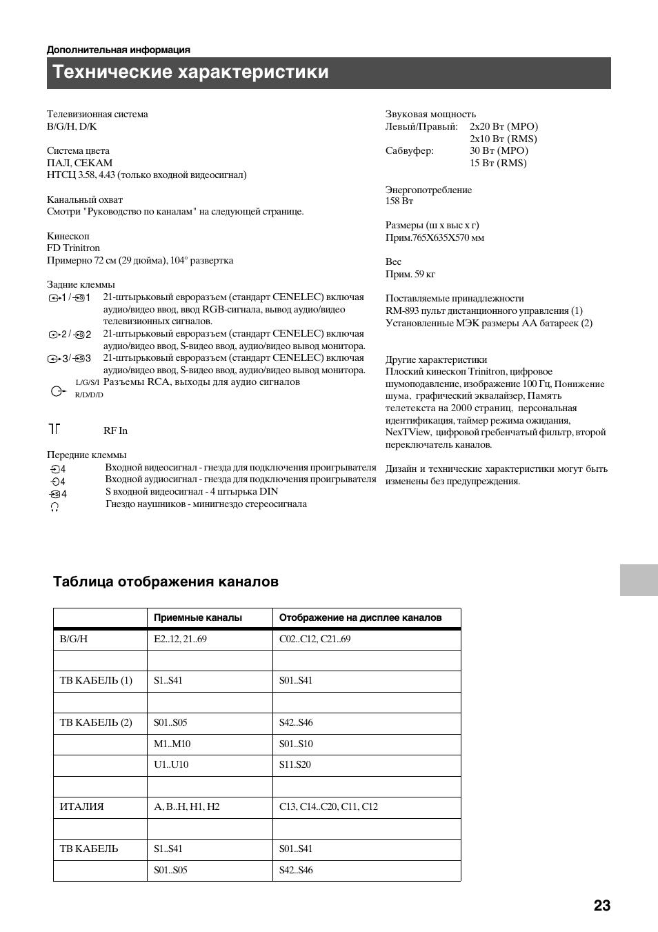 Технические характеристики, Таблица отображения каналов | Sony KV-29FQ75K User Manual | Page 157 / 160