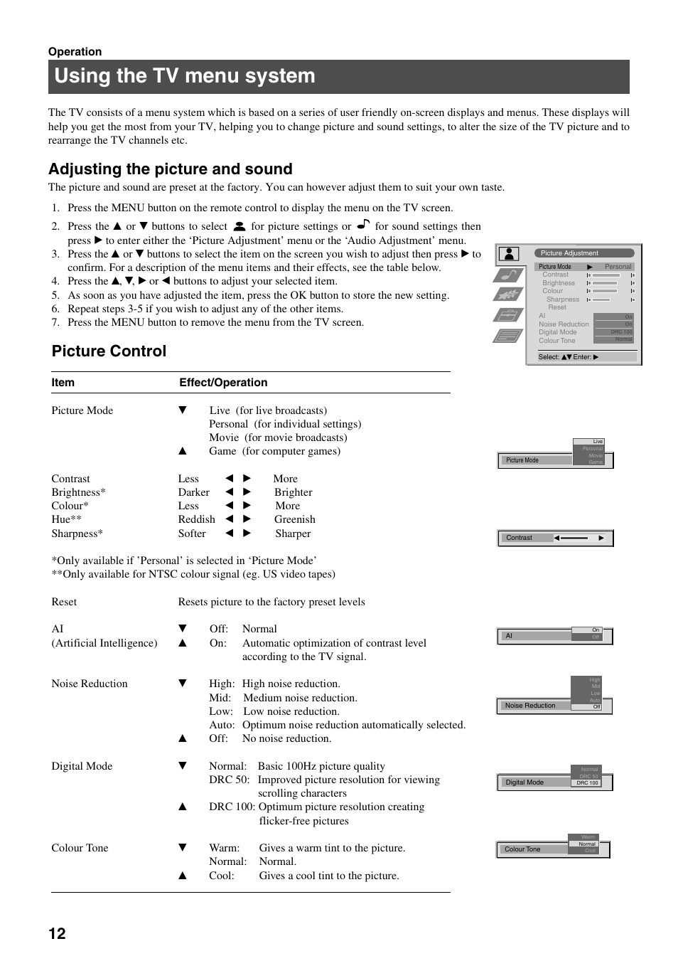 Using the tv menu system, Adjusting the picture and sound, Picture control | Sony KV-29FQ75K User Manual | Page 16 / 160