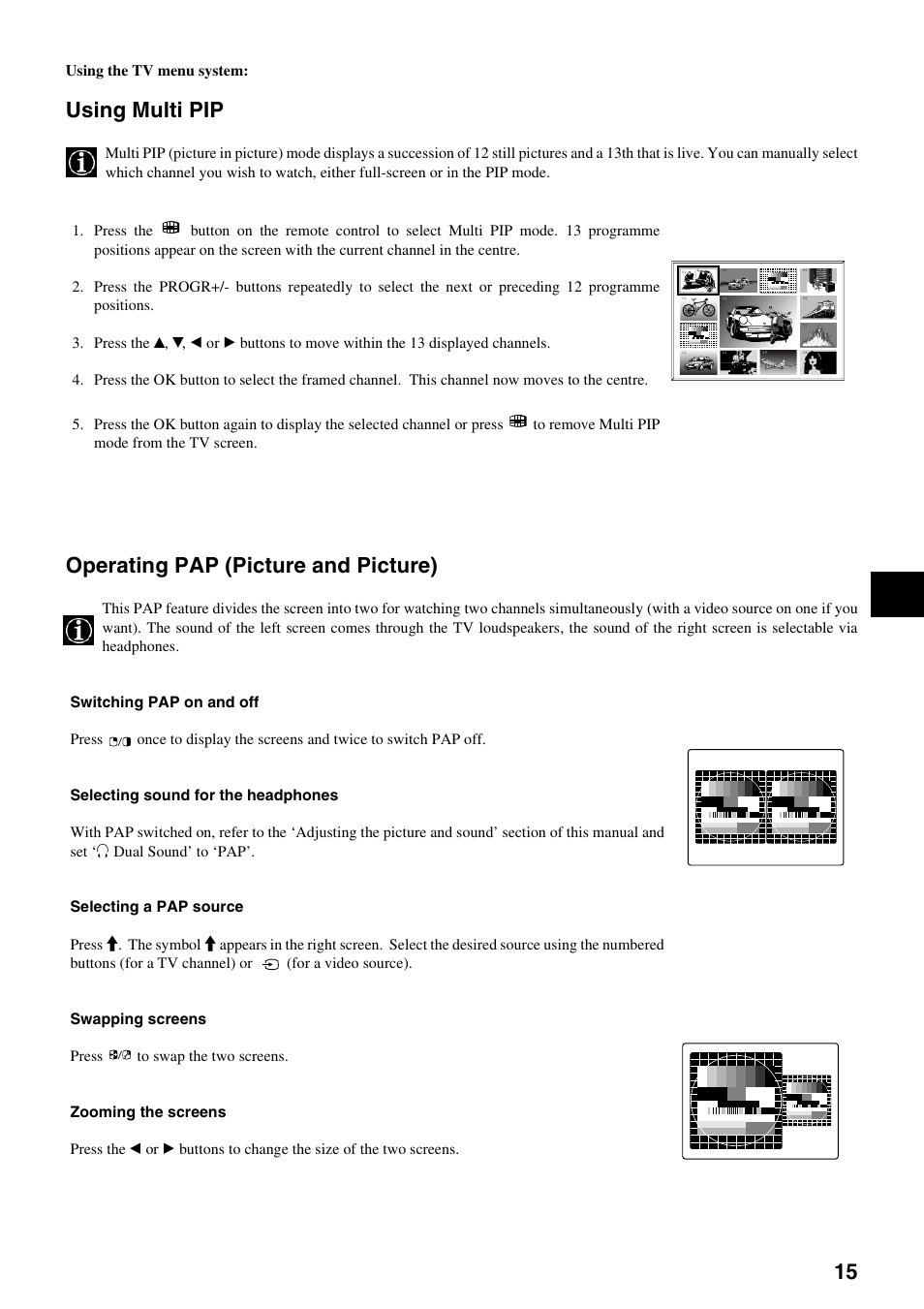 Using multi pip, Operating pap (picture and picture) | Sony KV-29FQ75K User Manual | Page 19 / 160