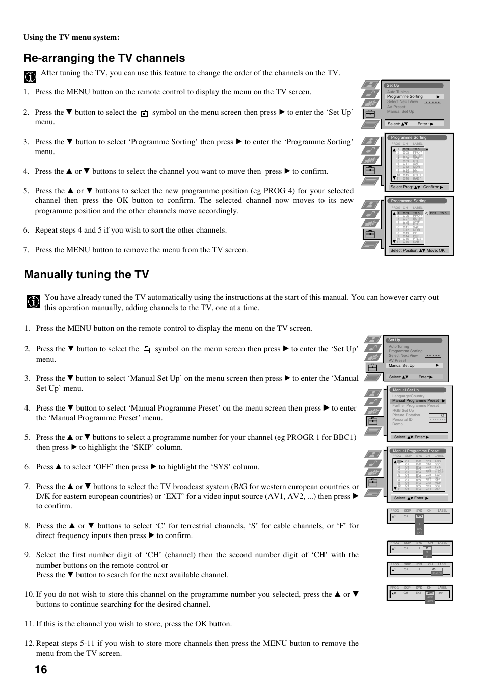 Re-arranging the tv channels, Manually tuning the tv, Using the tv menu system | Sony KV-29FQ75K User Manual | Page 20 / 160