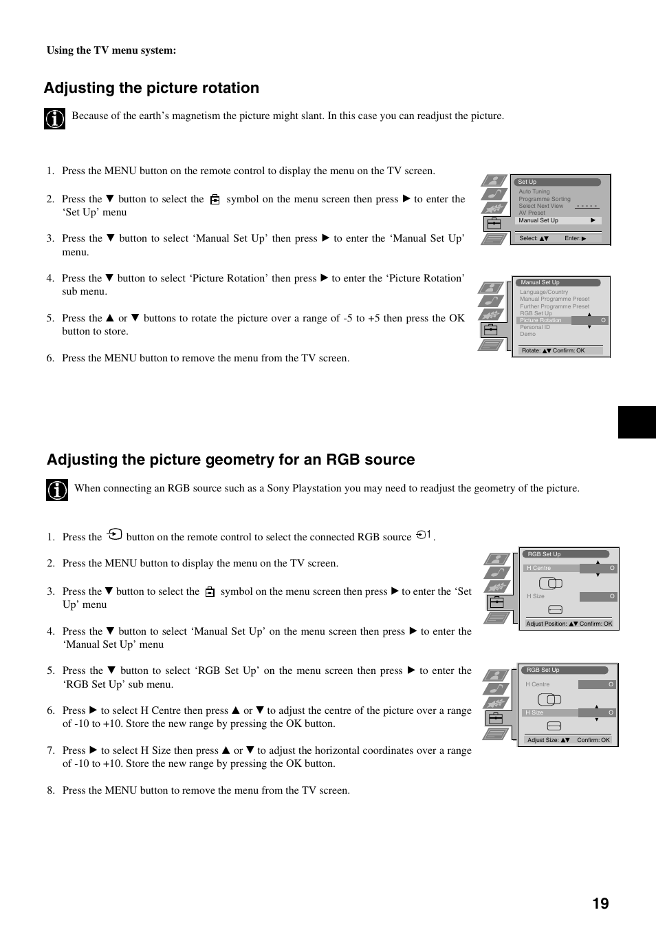 Adjusting the picture geometry for an rgb source, Adjusting the picture rotation | Sony KV-29FQ75K User Manual | Page 23 / 160