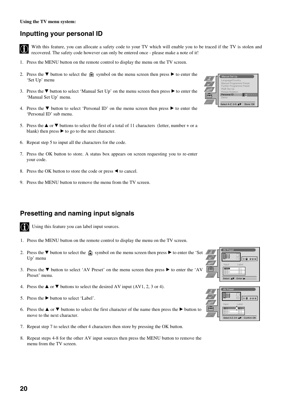 Inputting your personal id, Presetting and naming input signals | Sony KV-29FQ75K User Manual | Page 24 / 160