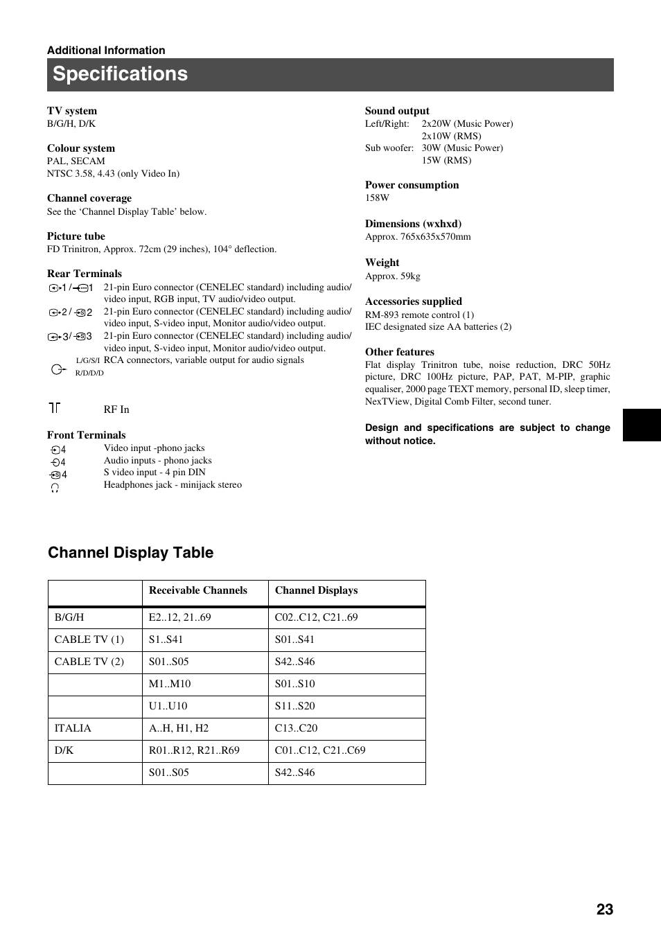 Specifications, Channel display table | Sony KV-29FQ75K User Manual | Page 27 / 160