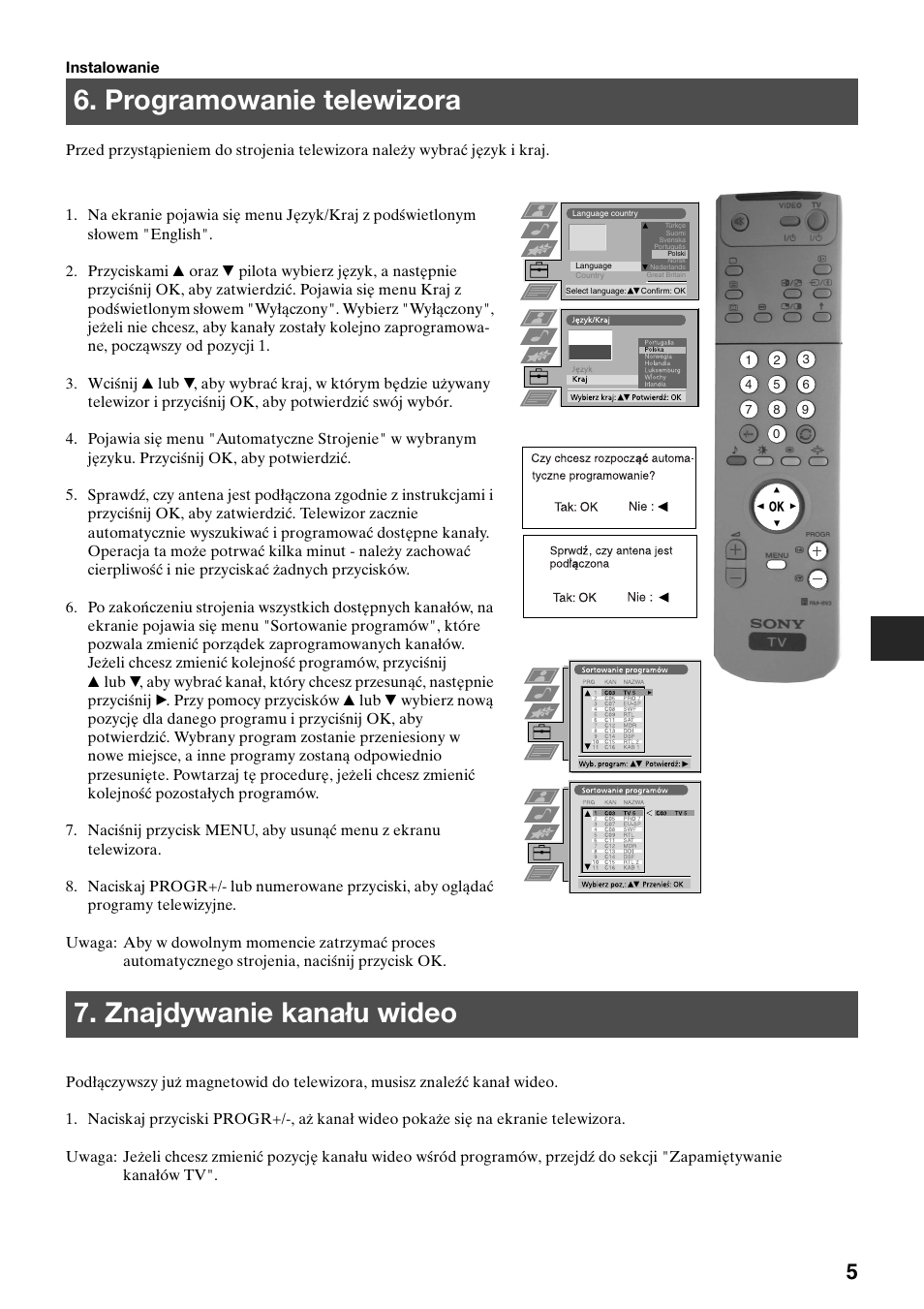 Programowanie telewizora, Znajdywanie kanału wideo | Sony KV-29FQ75K User Manual | Page 35 / 160