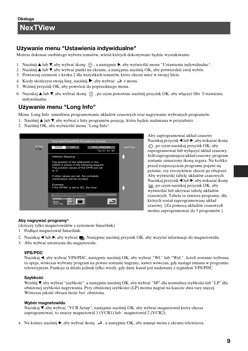 Nextview, 9używanie menu "ustawienia indywidualne, Używanie menu "long info | Sony KV-29FQ75K User Manual | Page 39 / 160