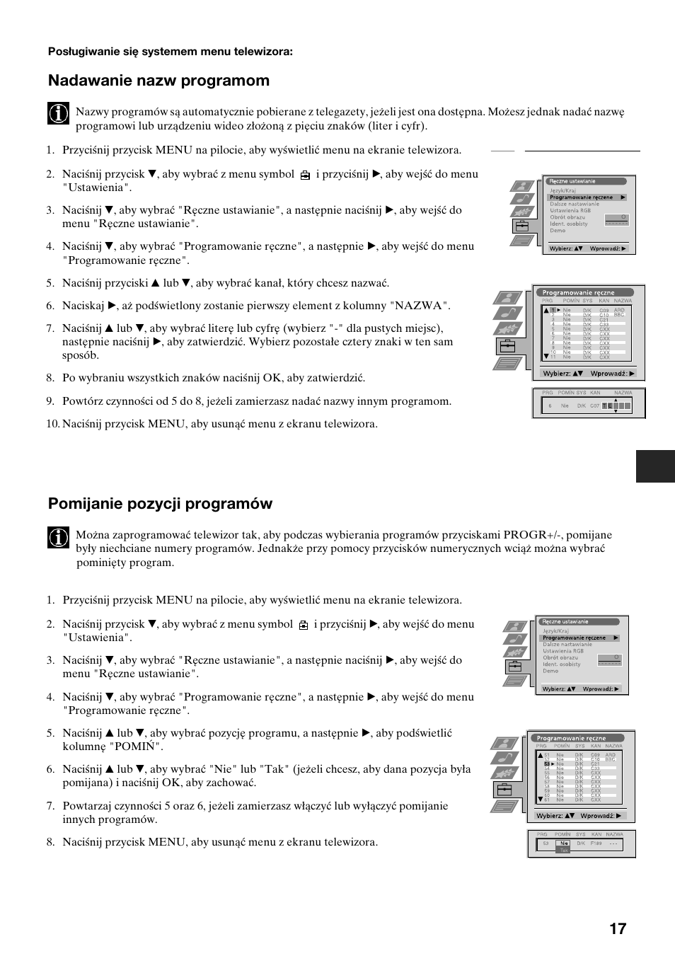 Nadawanie nazw programom, Pomijanie pozycji programów | Sony KV-29FQ75K User Manual | Page 47 / 160