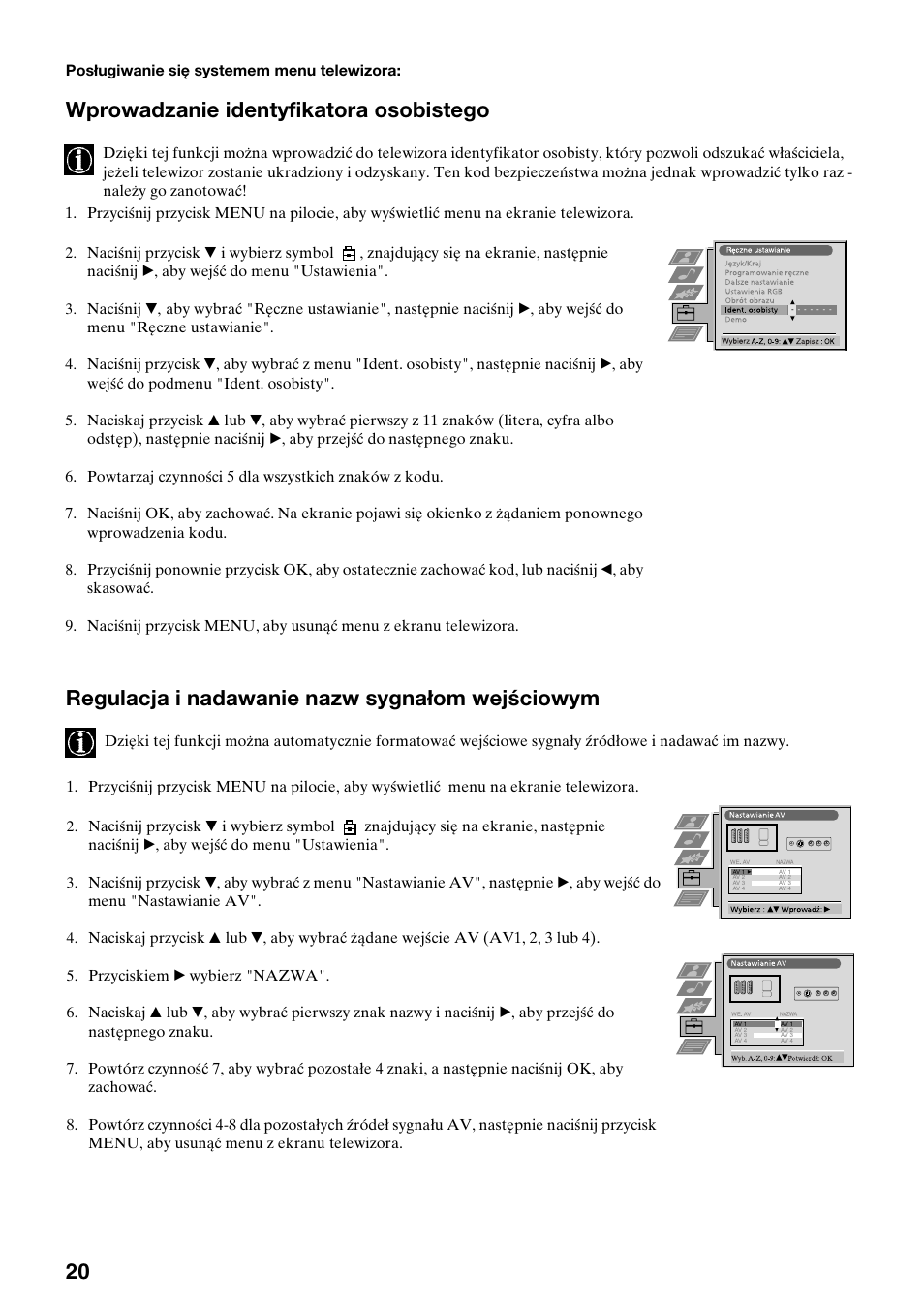 Wprowadzanie identyfikatora osobistego, Regulacja i nadawanie nazw sygnałom wejściowym | Sony KV-29FQ75K User Manual | Page 50 / 160