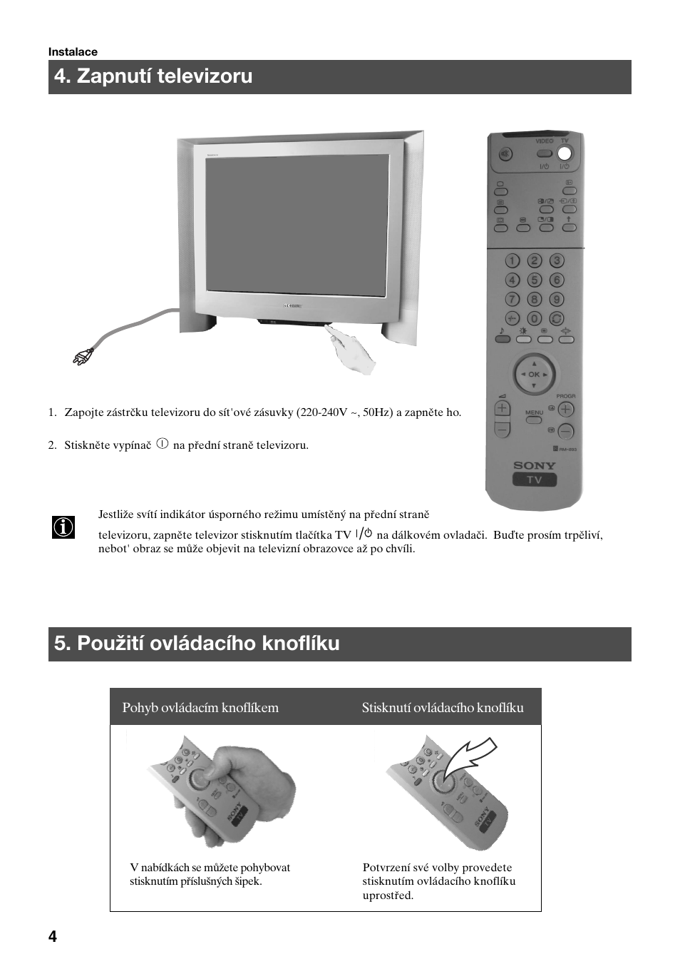 Zapnutí televizoru 5. použití ovládacího knoflíku | Sony KV-29FQ75K User Manual | Page 60 / 160