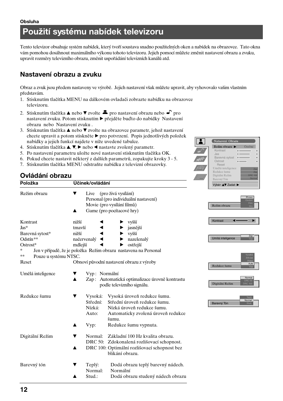 Použití systému nabídek televizoru, Nastavení obrazu a zvuku, Ovládání obrazu | Sony KV-29FQ75K User Manual | Page 68 / 160