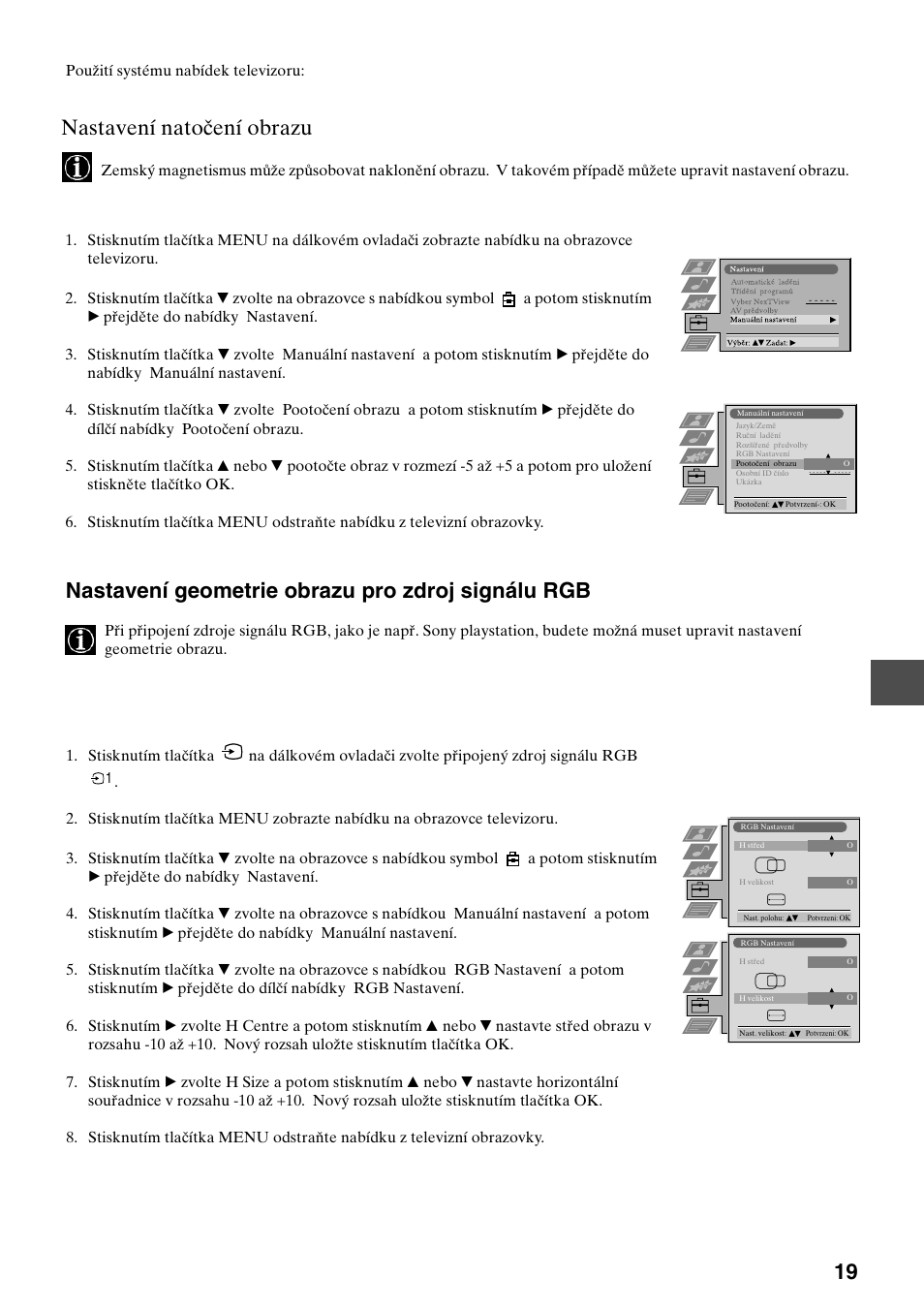 Nastavení geometrie obrazu pro zdroj signálu rgb, Nastavení natočení obrazu | Sony KV-29FQ75K User Manual | Page 75 / 160