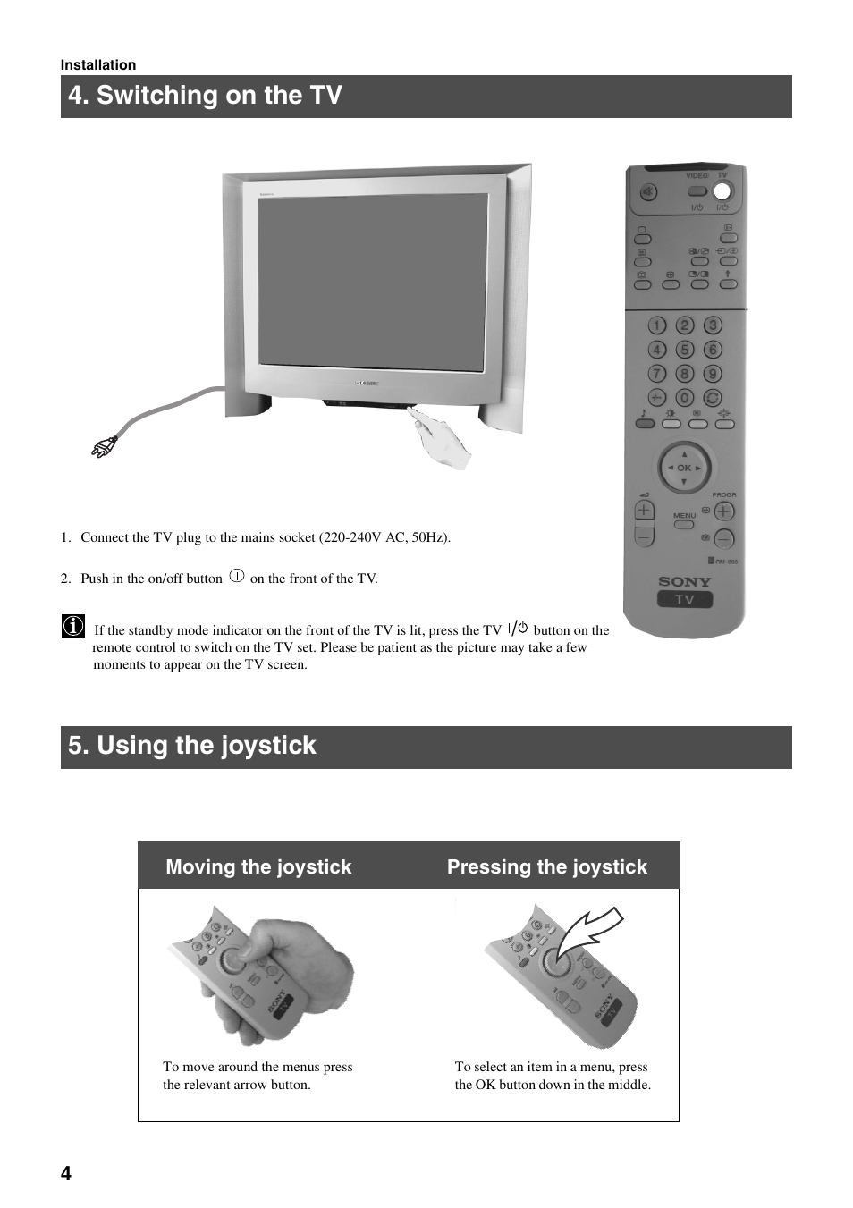 Switching on the tv 5. using the joystick, Moving the joystick pressing the joystick | Sony KV-29FQ75K User Manual | Page 8 / 160