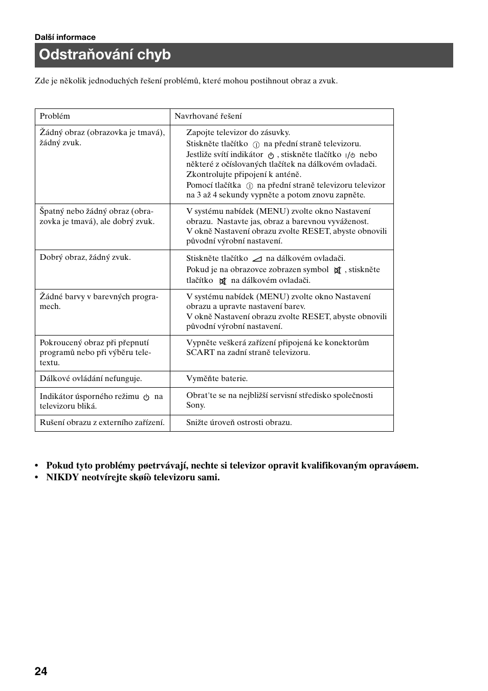 Odstraňování chyb | Sony KV-29FQ75K User Manual | Page 80 / 160