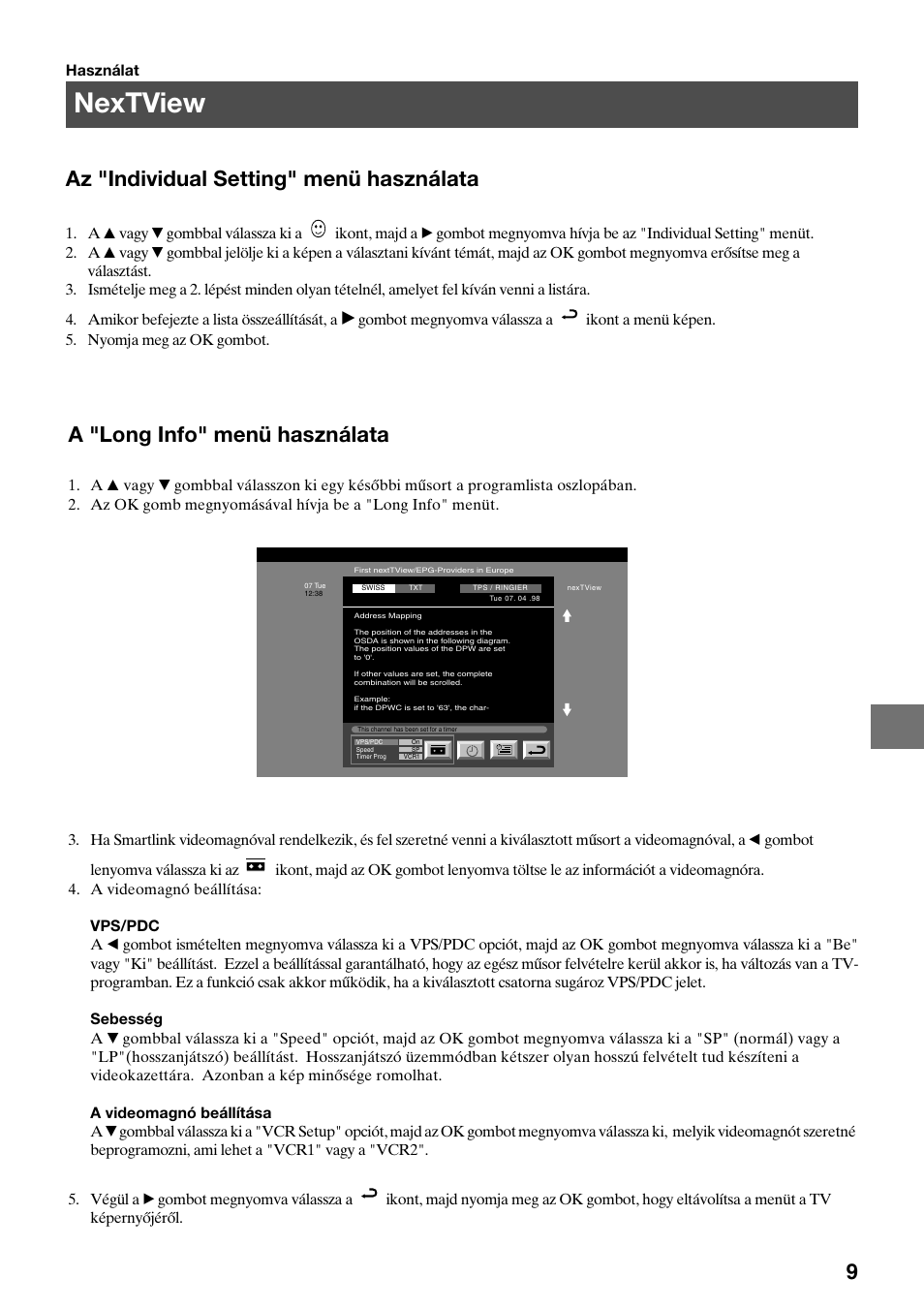 Nextview, 9az "individual setting" menü használata, A "long info" menü használata | Sony KV-29FQ75K User Manual | Page 91 / 160